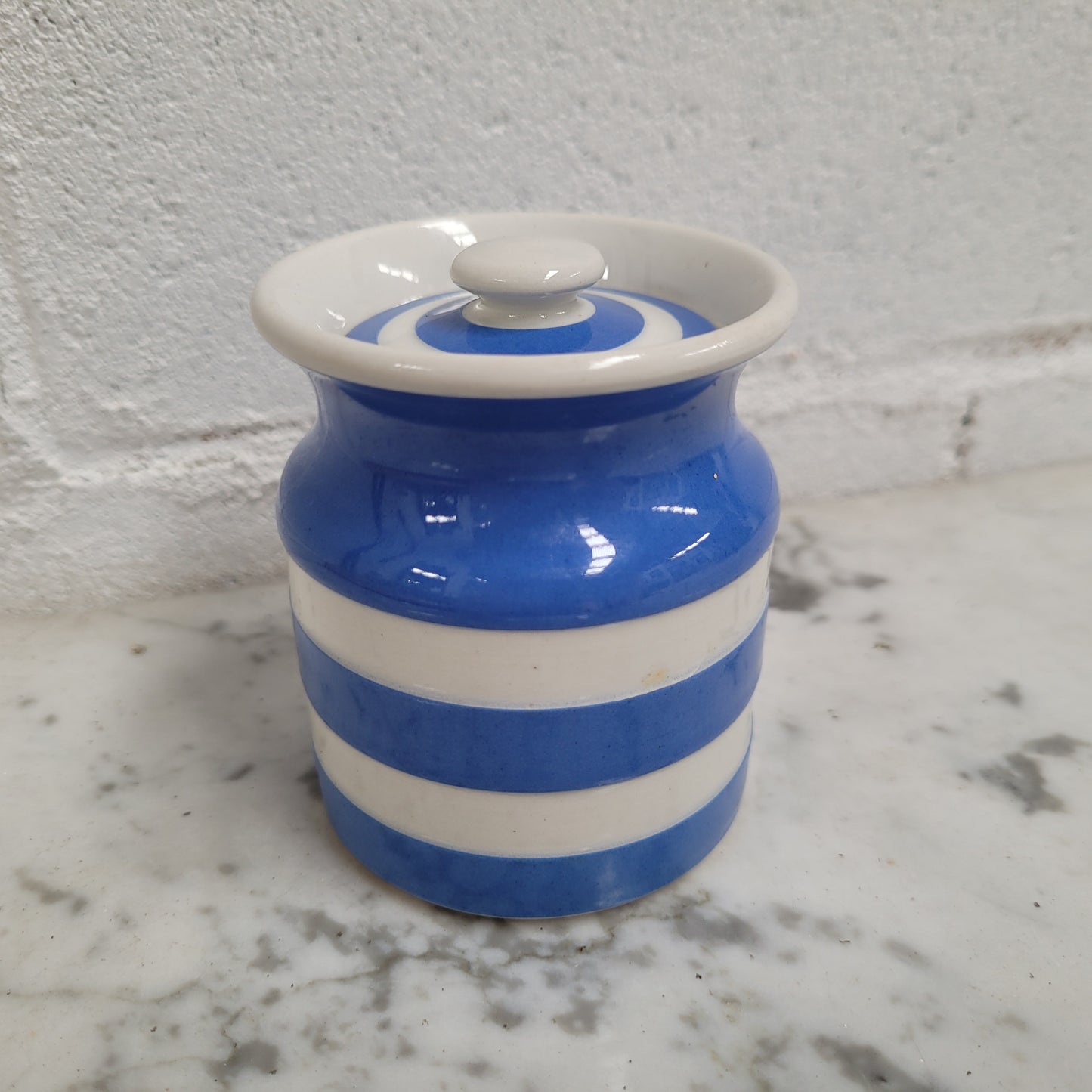 Antique Small Blue Cornishware Lidded Jar Stamped T.G Green Made in England