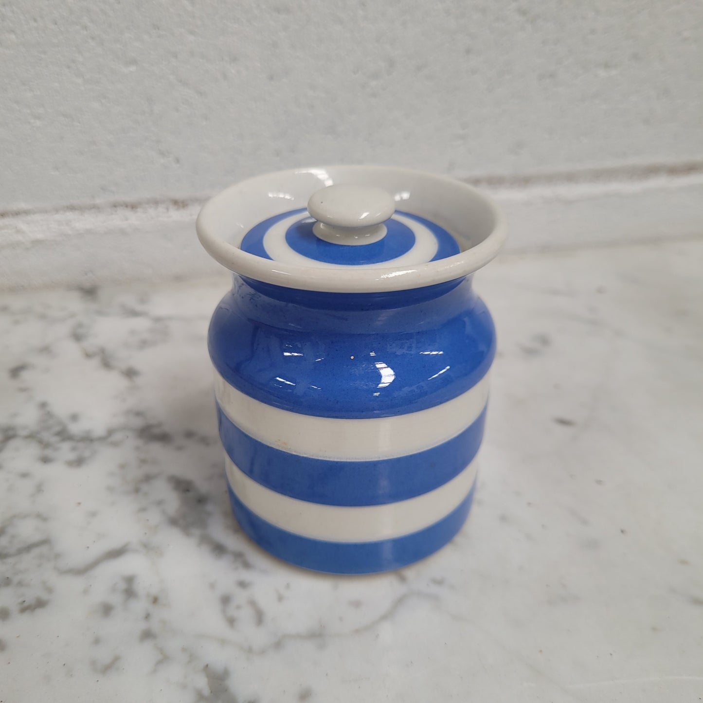 Antique Small Blue Cornishware Lidded Jar Stamped T.G Green Made in England