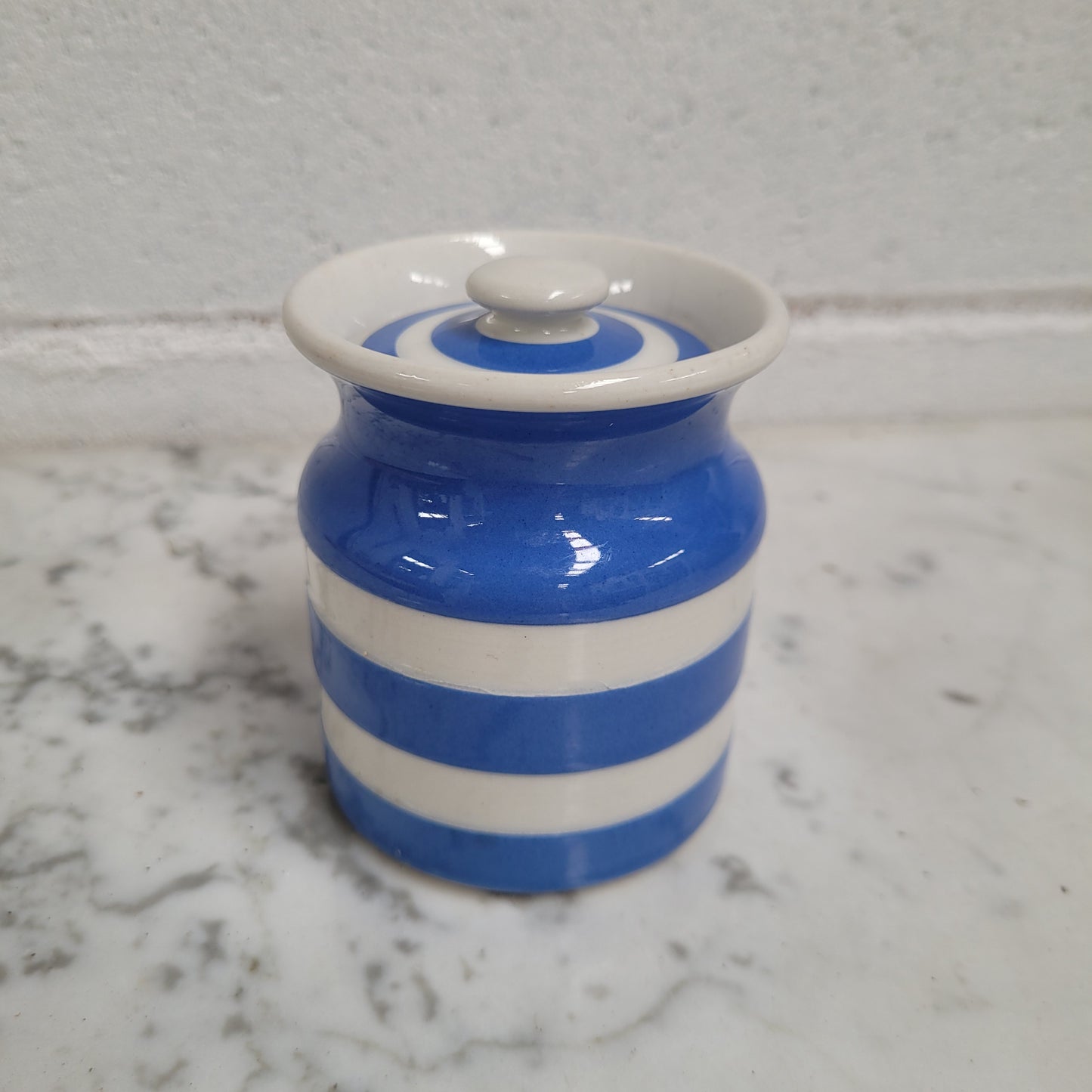 Antique Small Blue Cornishware Lidded Jar Stamped T.G Green Made in England