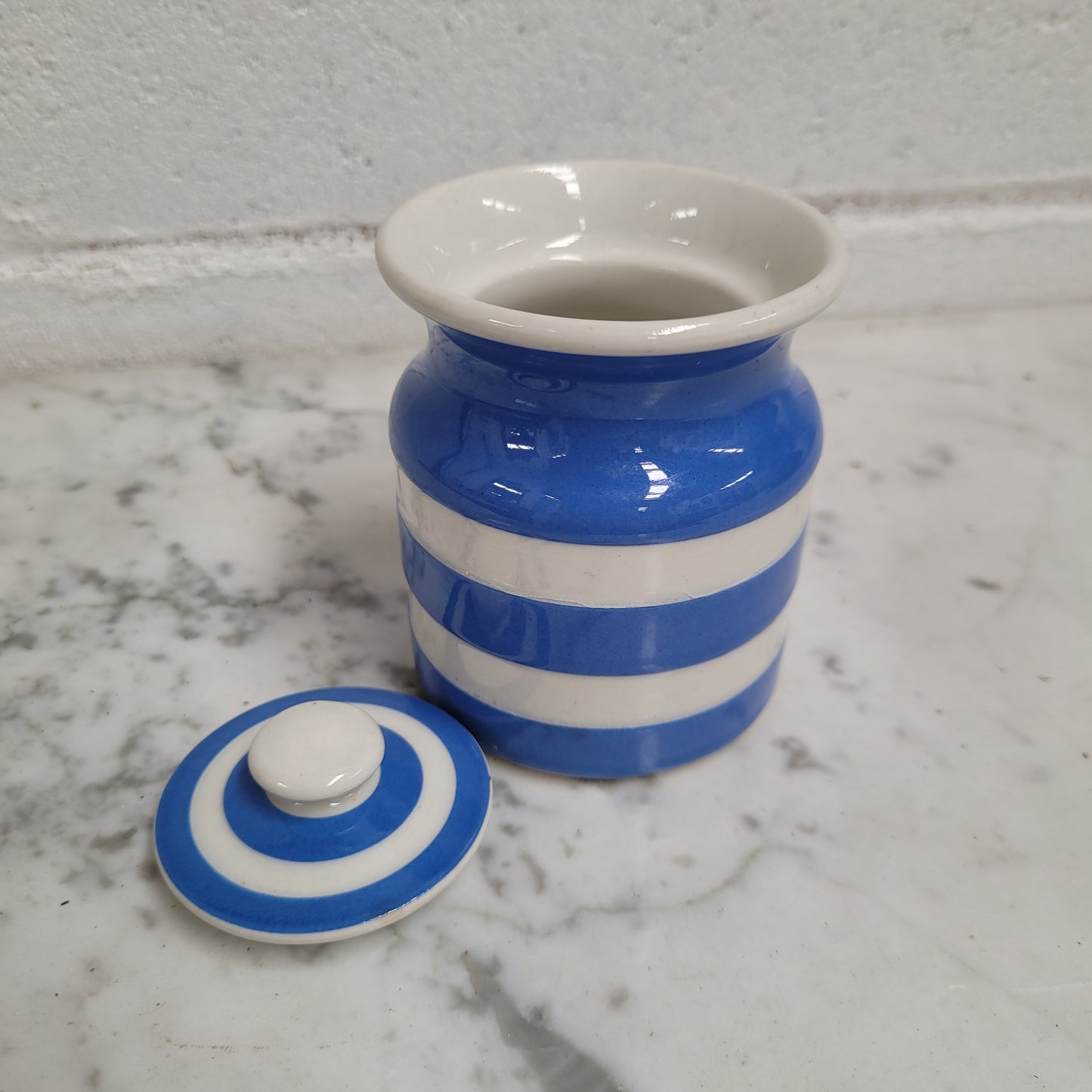 Antique Small Blue Cornishware Lidded Jar Stamped T.G Green Made in England