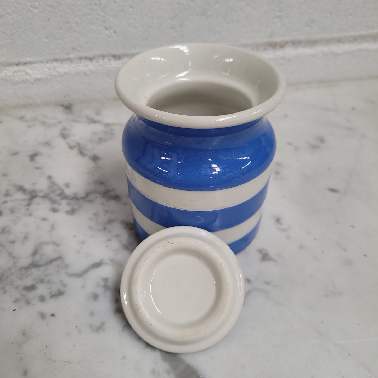 Antique Small Blue Cornishware Lidded Jar Stamped T.G Green Made in England