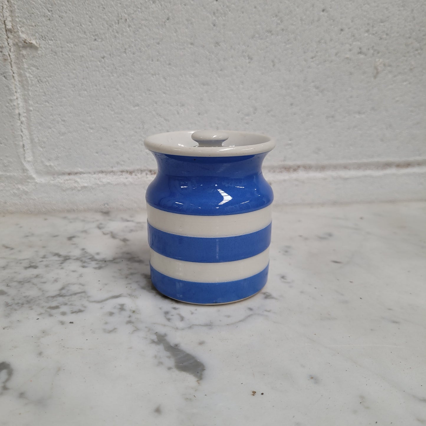 Antique Small Blue Cornishware Lidded Jar Stamped T.G Green Made in England