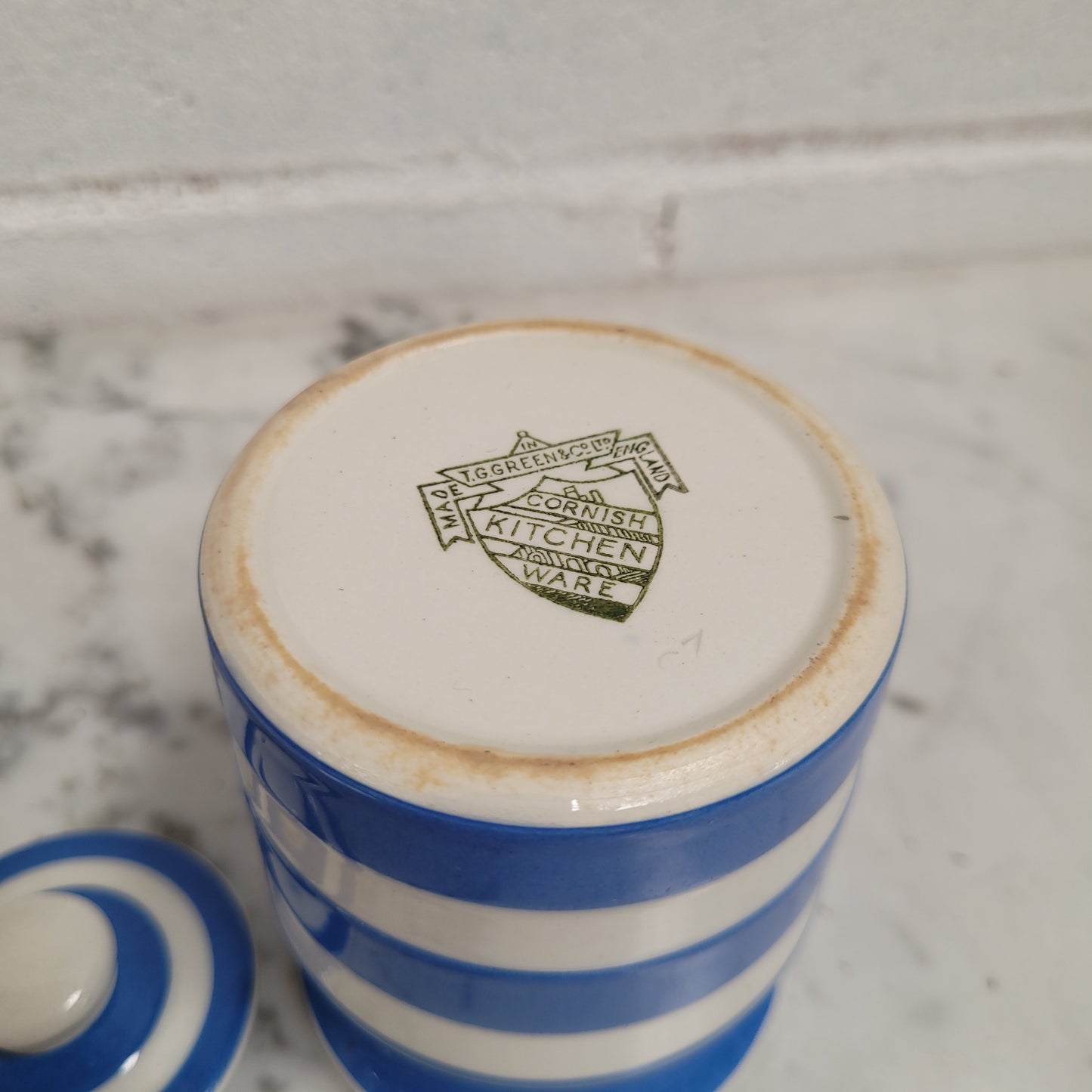 Antique Small Blue Cornishware Lidded Jar Stamped T.G Green Made in England