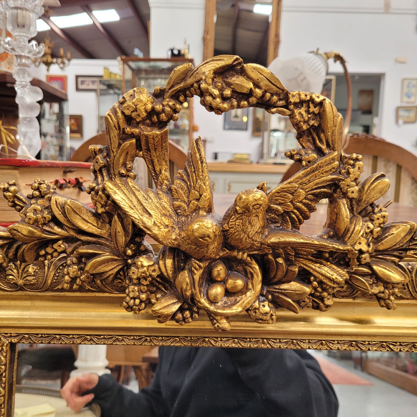 Compact Late 19th Century French Gilt Framed Wall Mirror Featuring Carved Birds