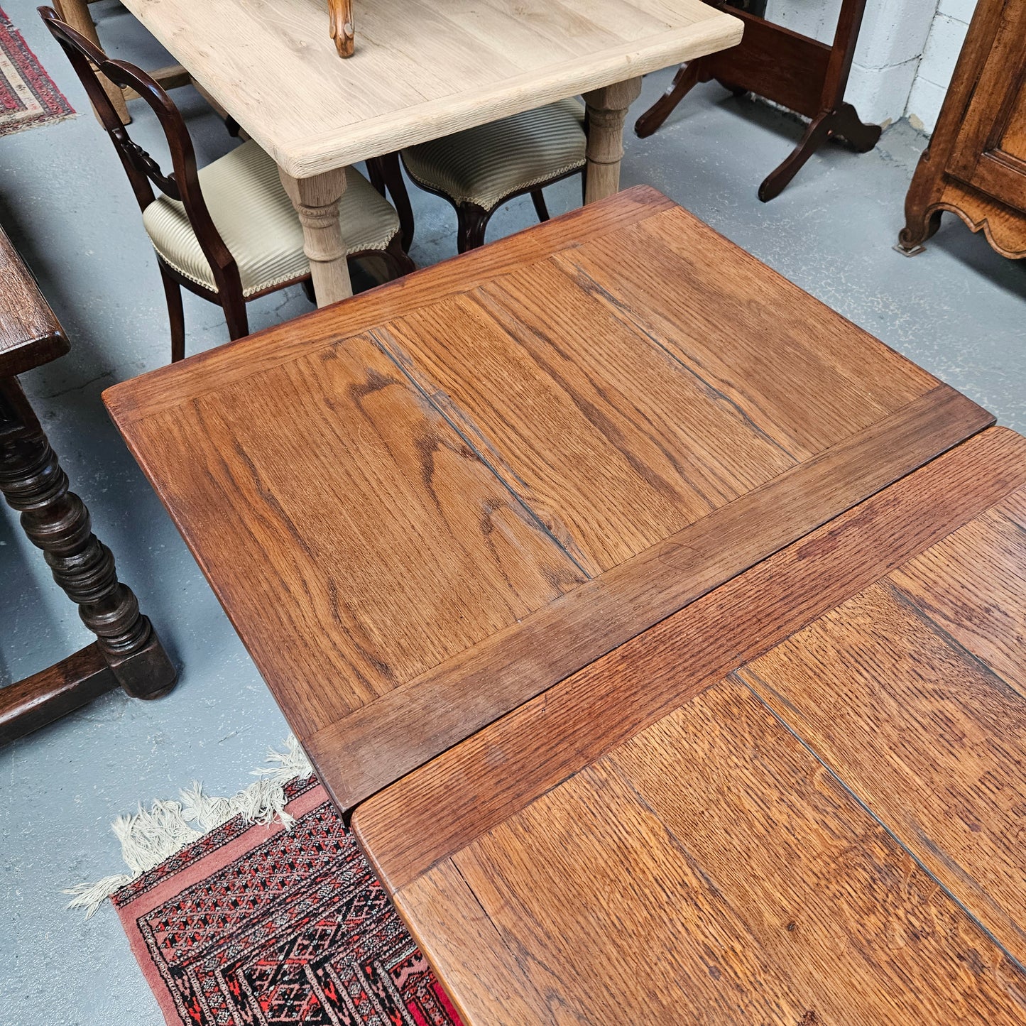 Rare and unique sized French Oak stretcher base extension dining table. Fully extended length is 253 cm, this table is in great original condition. Sourced from France. Please see photos as they form part of the description.