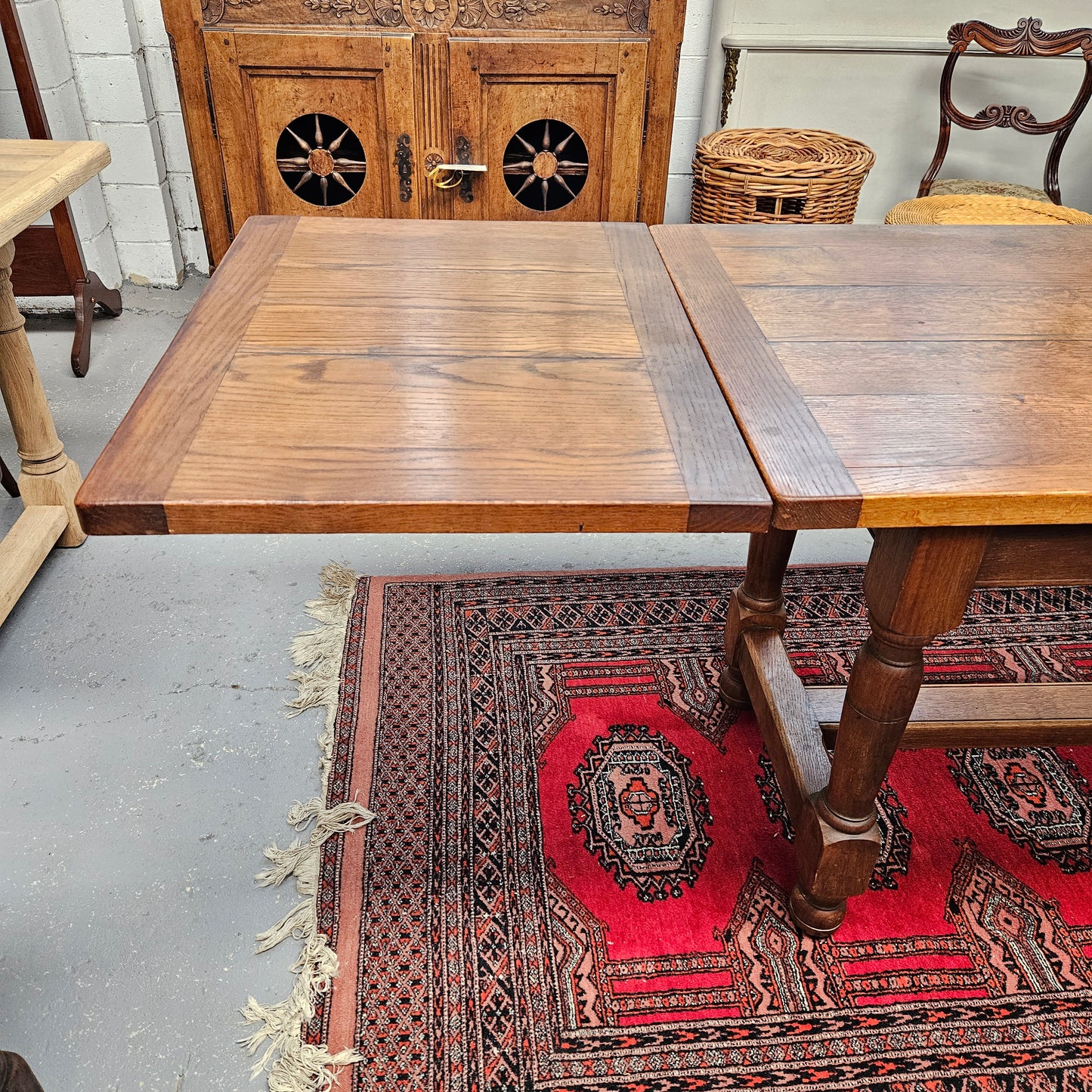 Rare and unique sized French Oak stretcher base extension dining table. Fully extended length is 253 cm, this table is in great original condition. Sourced from France. Please see photos as they form part of the description.