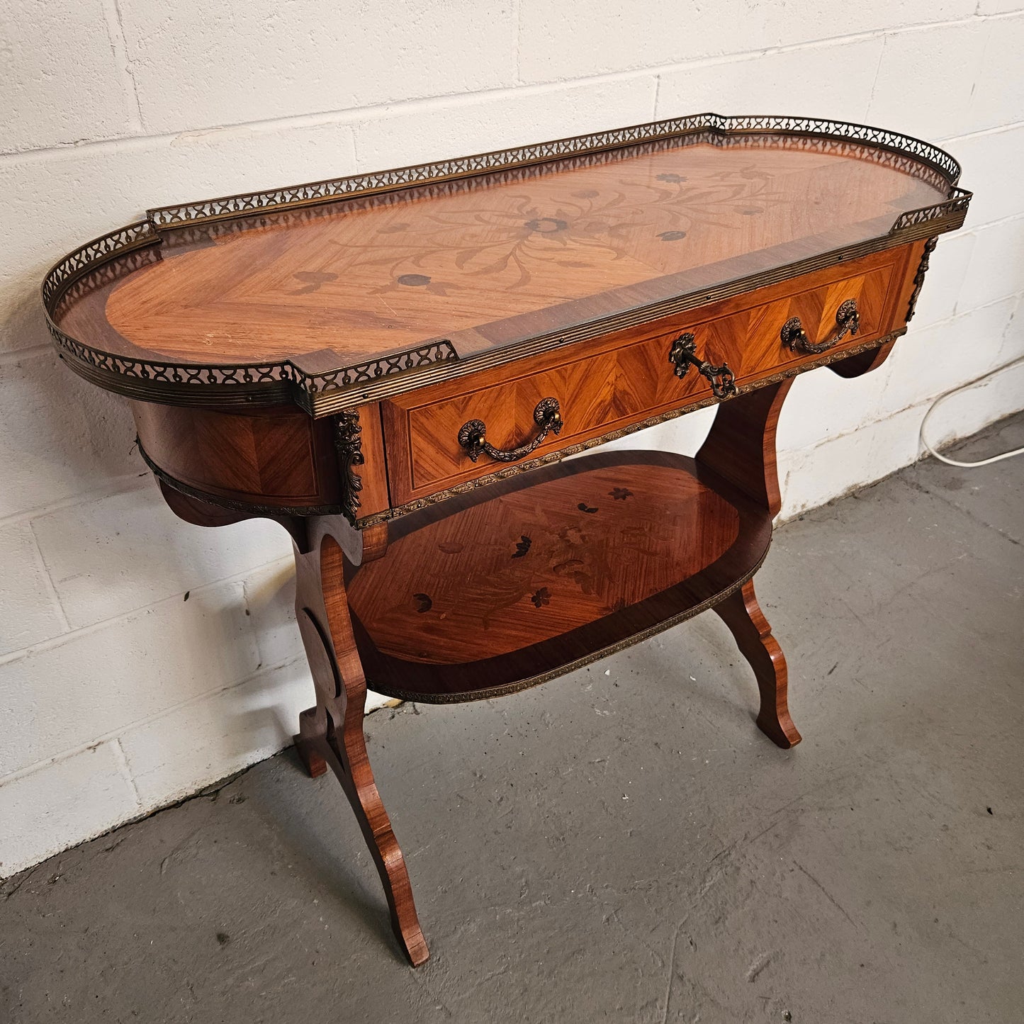 French Mahogany & Walnut Inlaid 2 Shelf Sofa Table