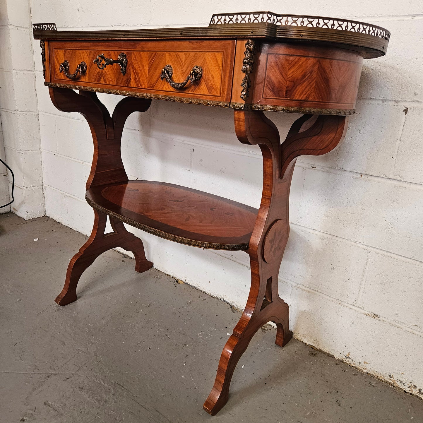 French Mahogany & Walnut Inlaid 2 Shelf Sofa Table