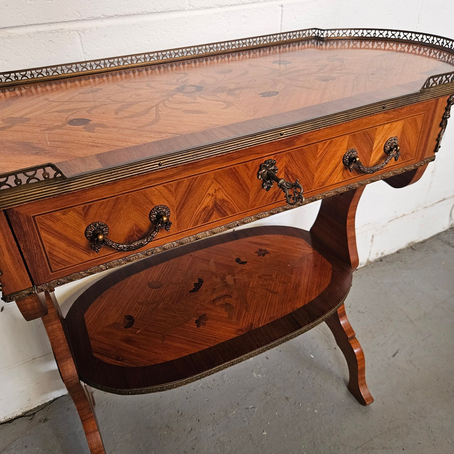 French Mahogany & Walnut Inlaid 2 Shelf Sofa Table