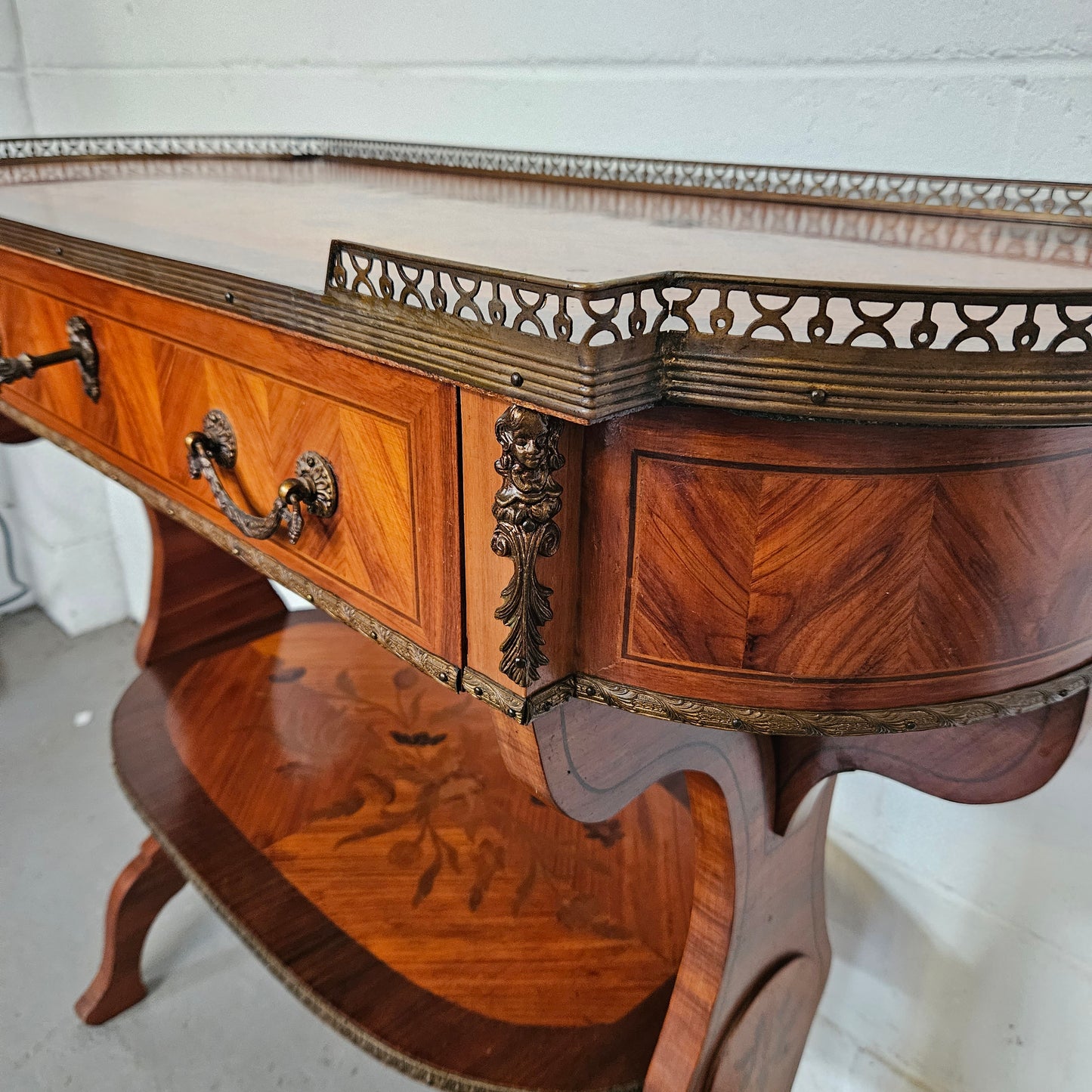 French Mahogany & Walnut Inlaid 2 Shelf Sofa Table