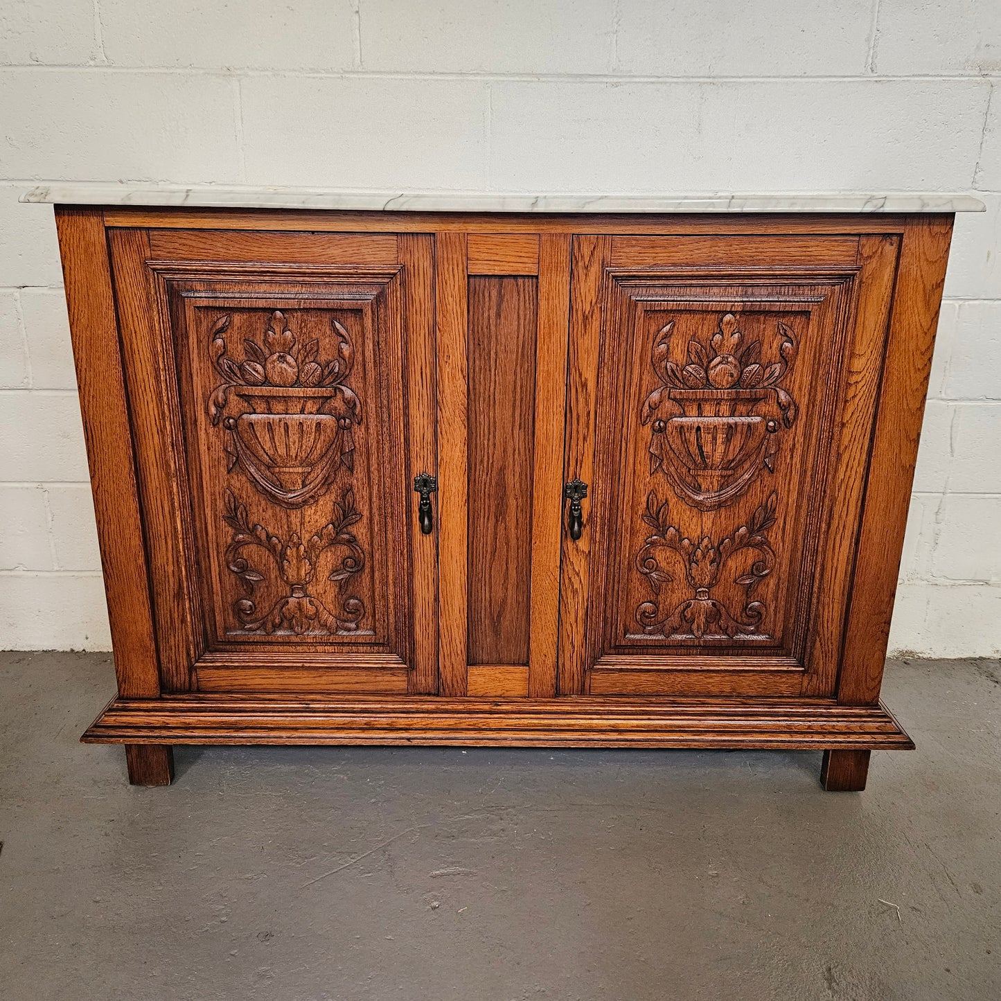 French Oak Carved Door Cupboard With Marble Top