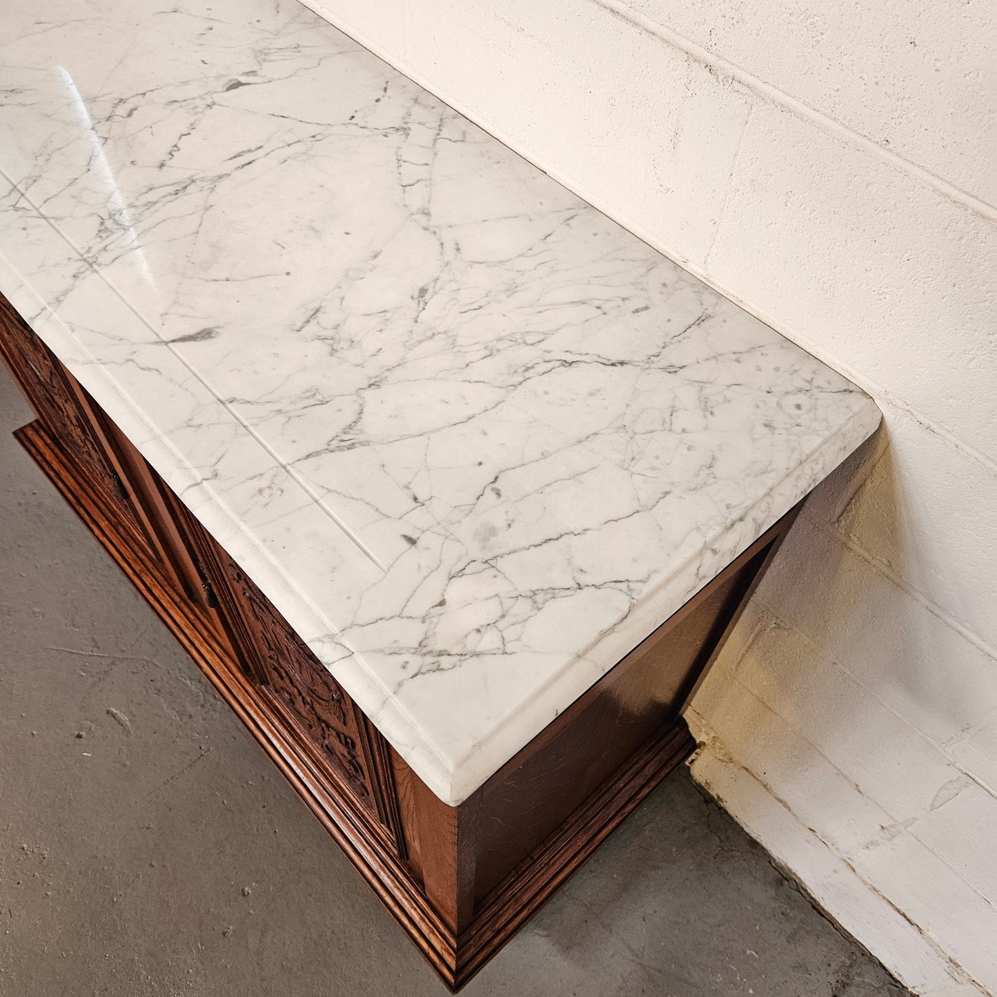 French Oak Carved Door Cupboard With Marble Top