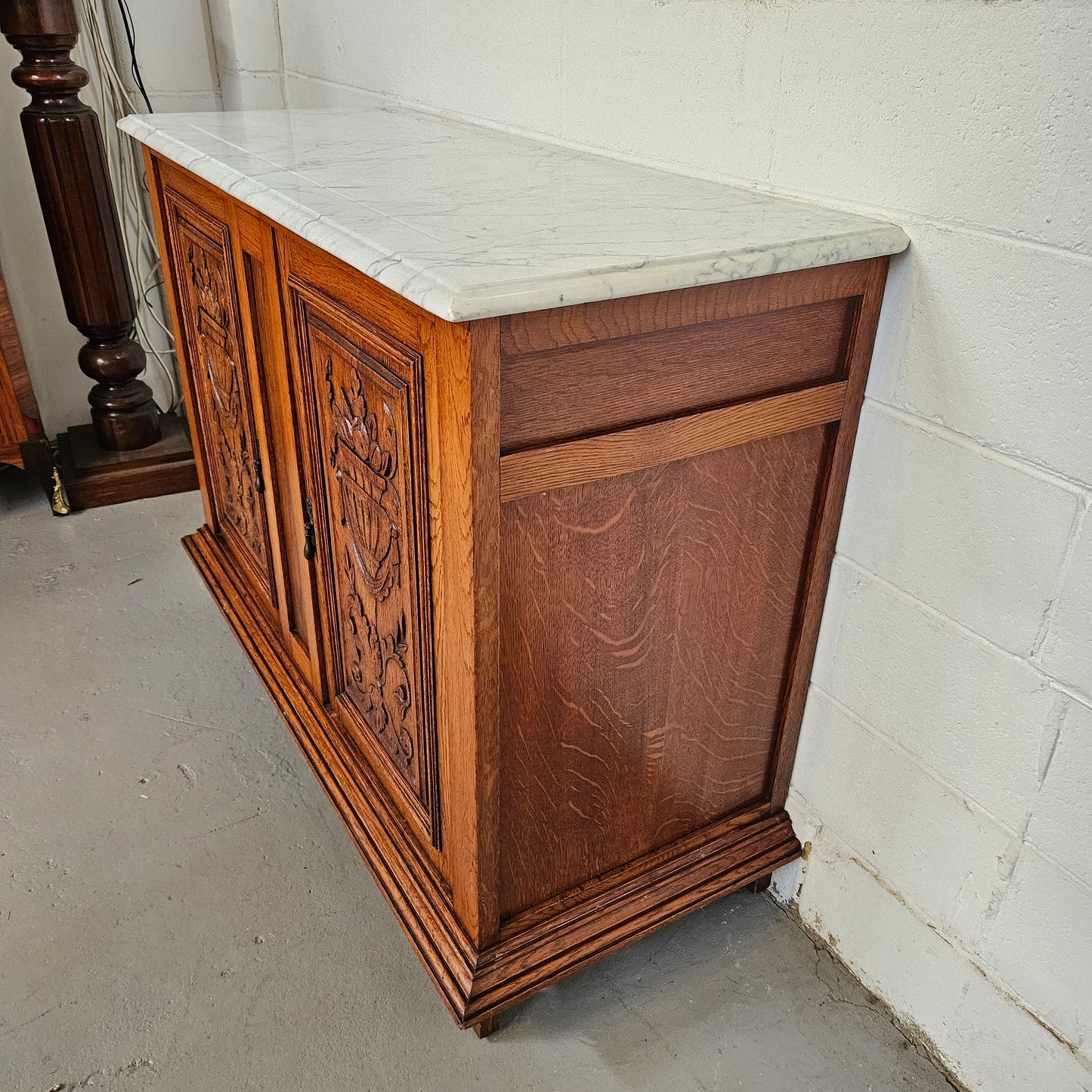 French Oak Carved Door Cupboard With Marble Top