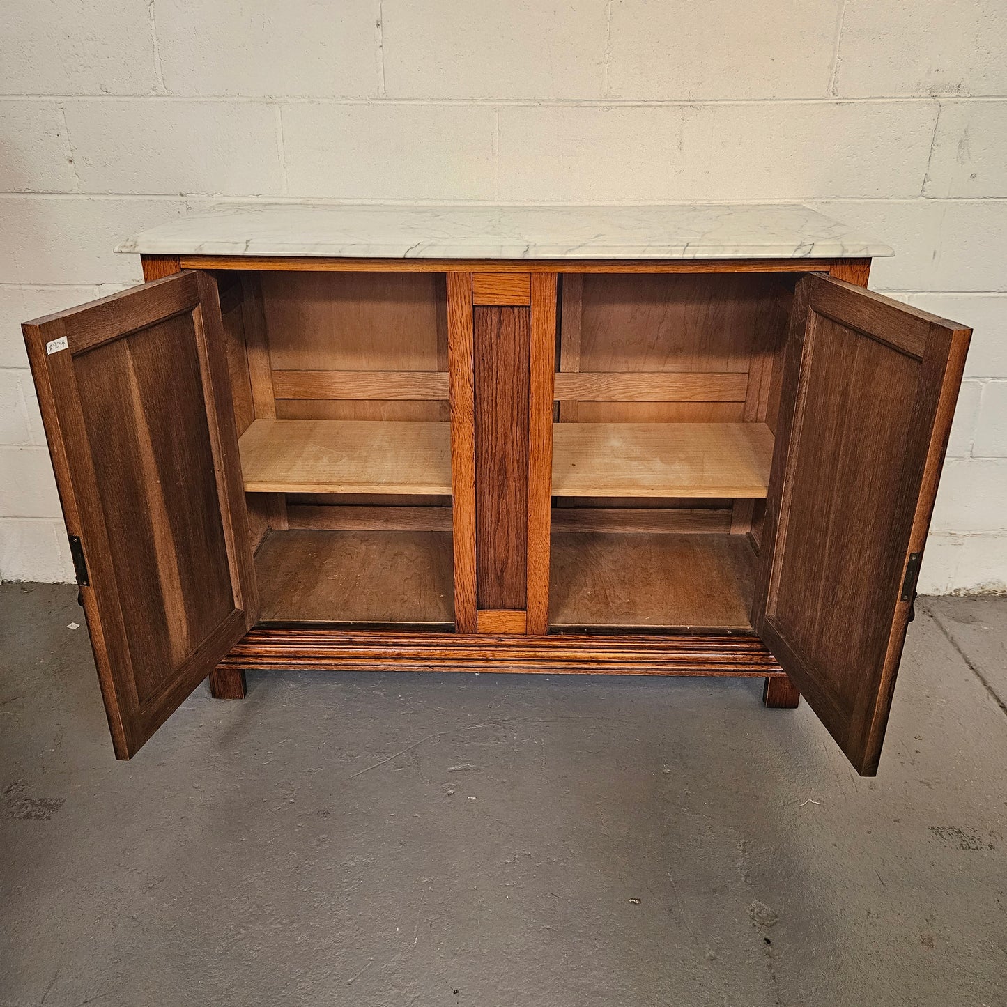 French Oak Carved Door Cupboard With Marble Top