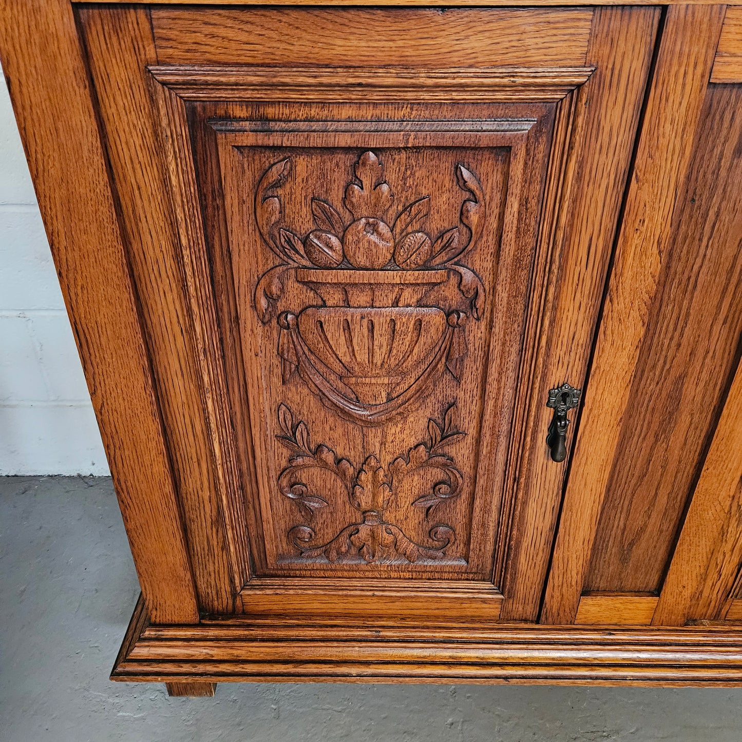 French Oak Carved Door Cupboard With Marble Top