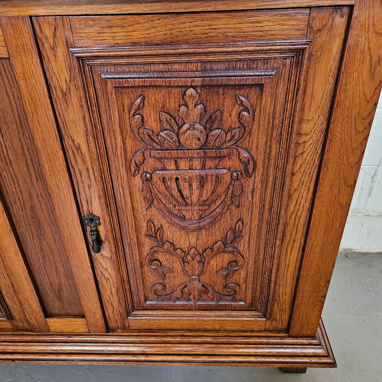 French Oak Carved Door Cupboard With Marble Top
