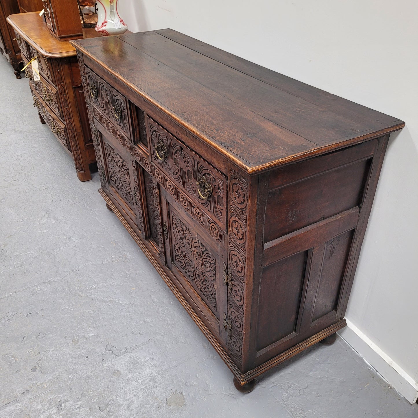 Impressively Carved 18th Century English Oak Kitchen Dresser Base in 17th Century Jacobean Style