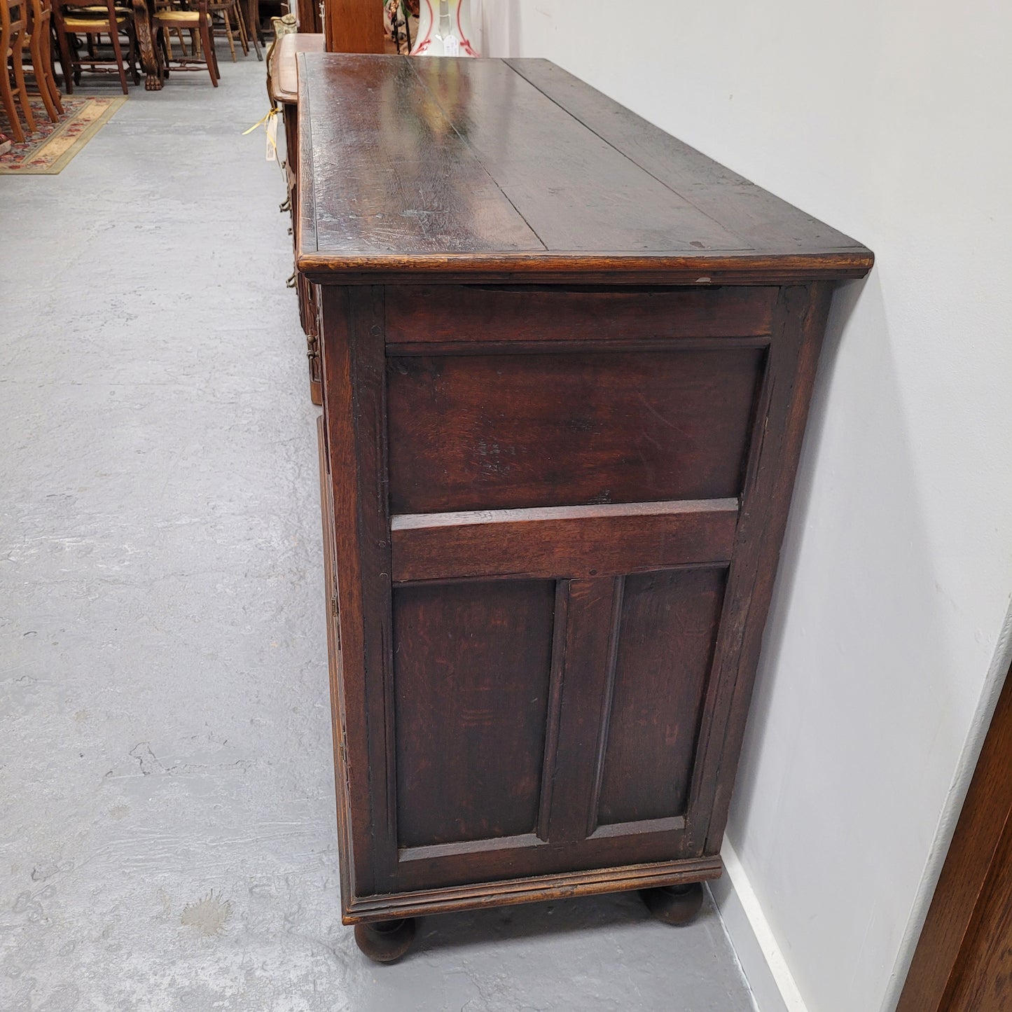Impressively Carved 18th Century English Oak Kitchen Dresser Base in 17th Century Jacobean Style