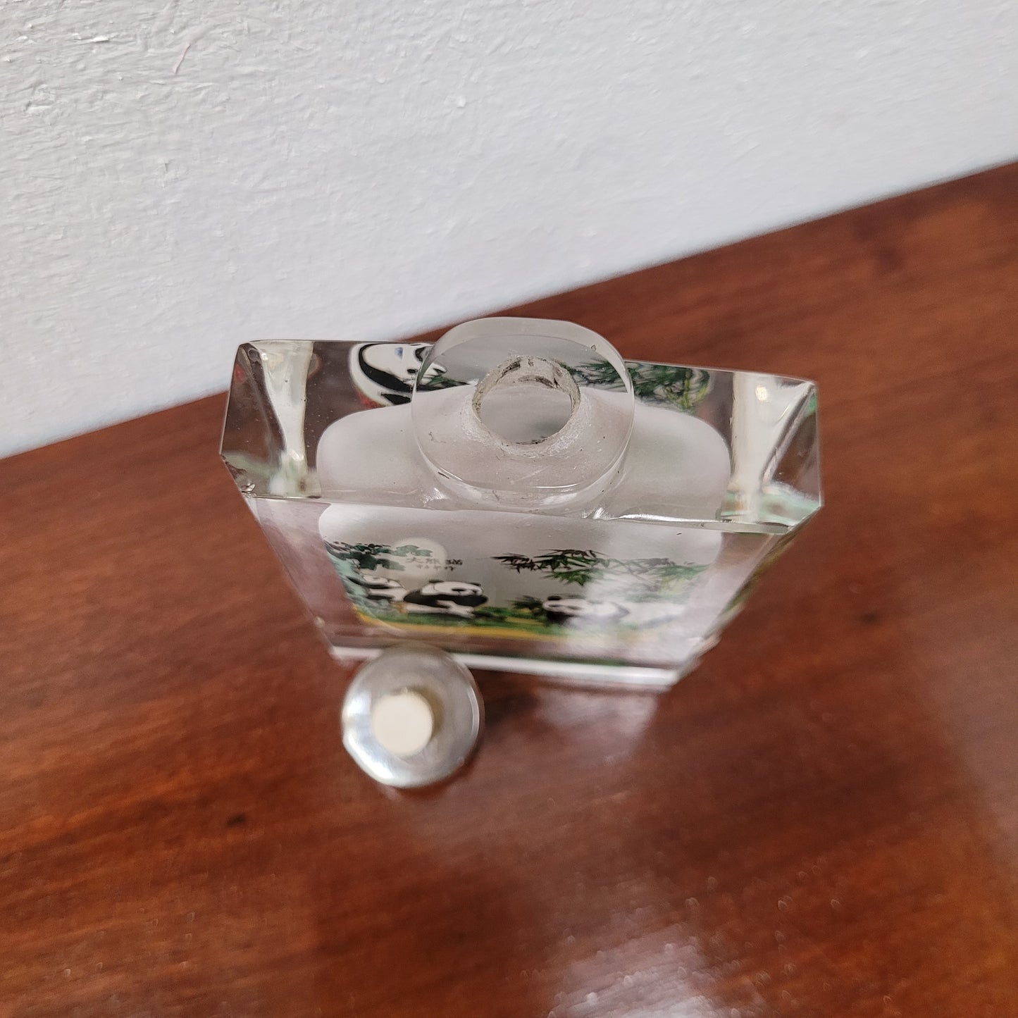Reverse Chinese Hand Painted Glass Panda Snuff Bottle