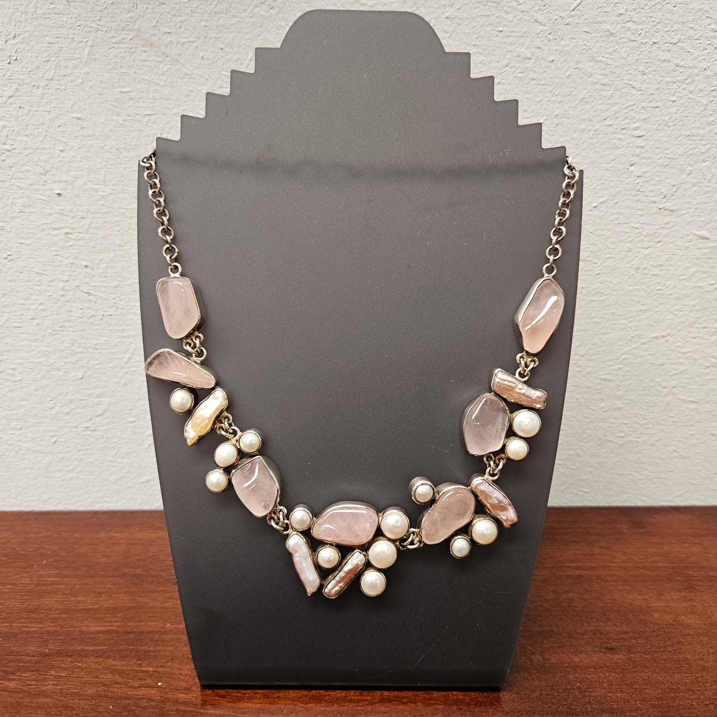 Rose Quartz, Pearl Necklace in Sterling Silver