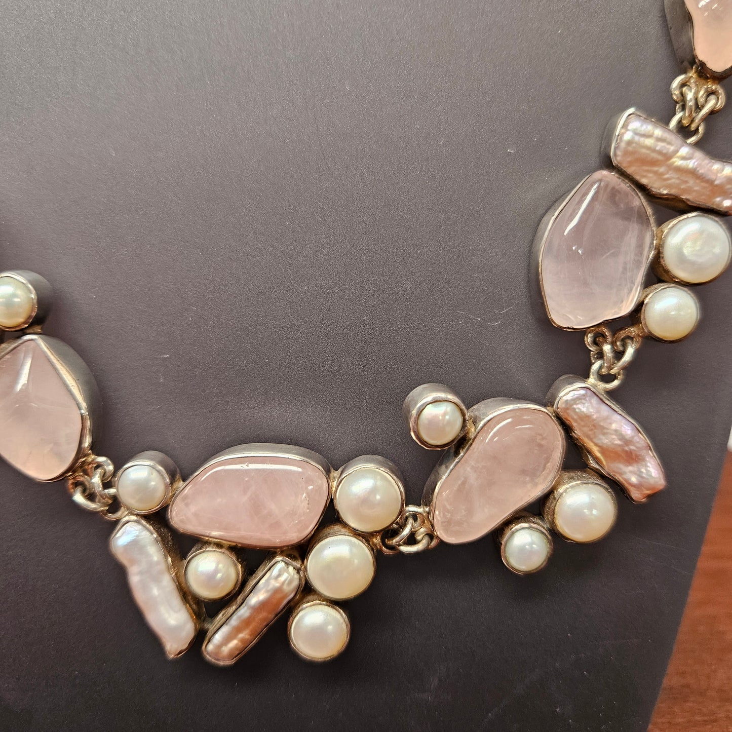 Rose Quartz, Pearl Necklace in Sterling Silver