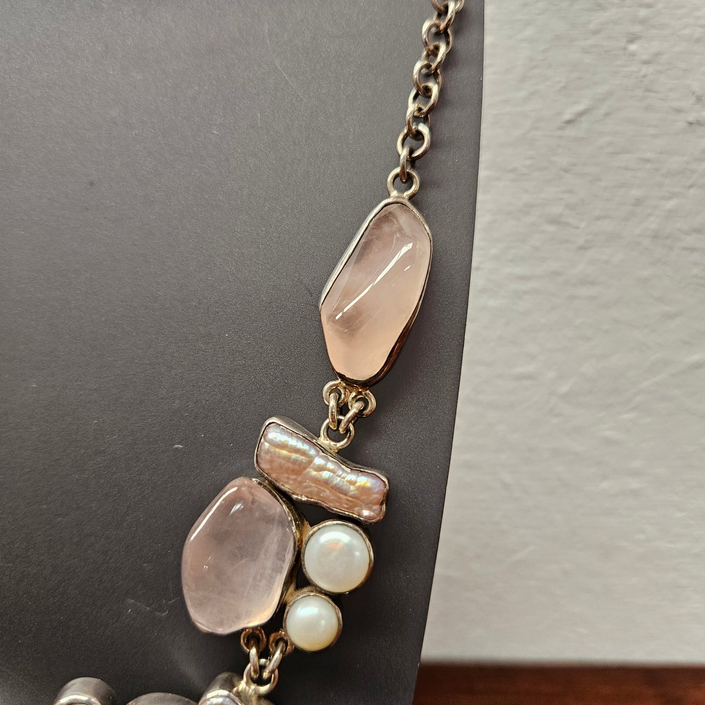 Rose Quartz, Pearl Necklace in Sterling Silver