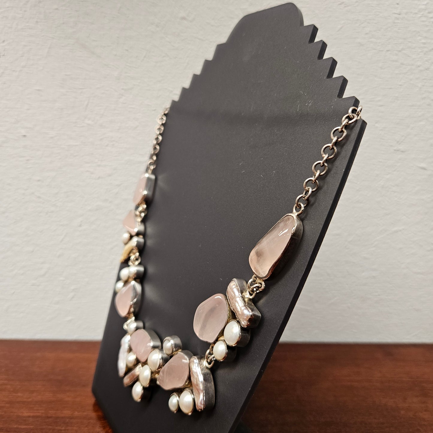 Rose Quartz, Pearl Necklace in Sterling Silver