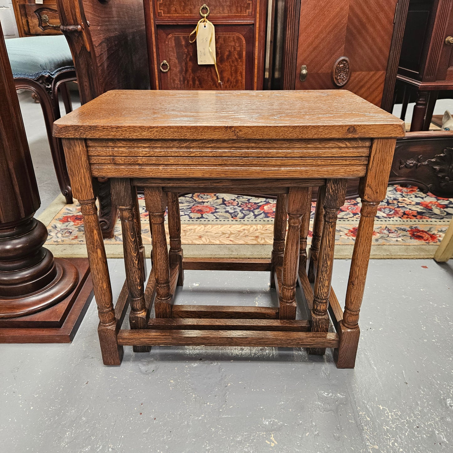 Lovely set of three French Oak nest of tables. They are all in good original condition. Please see photos as they form part of the description.