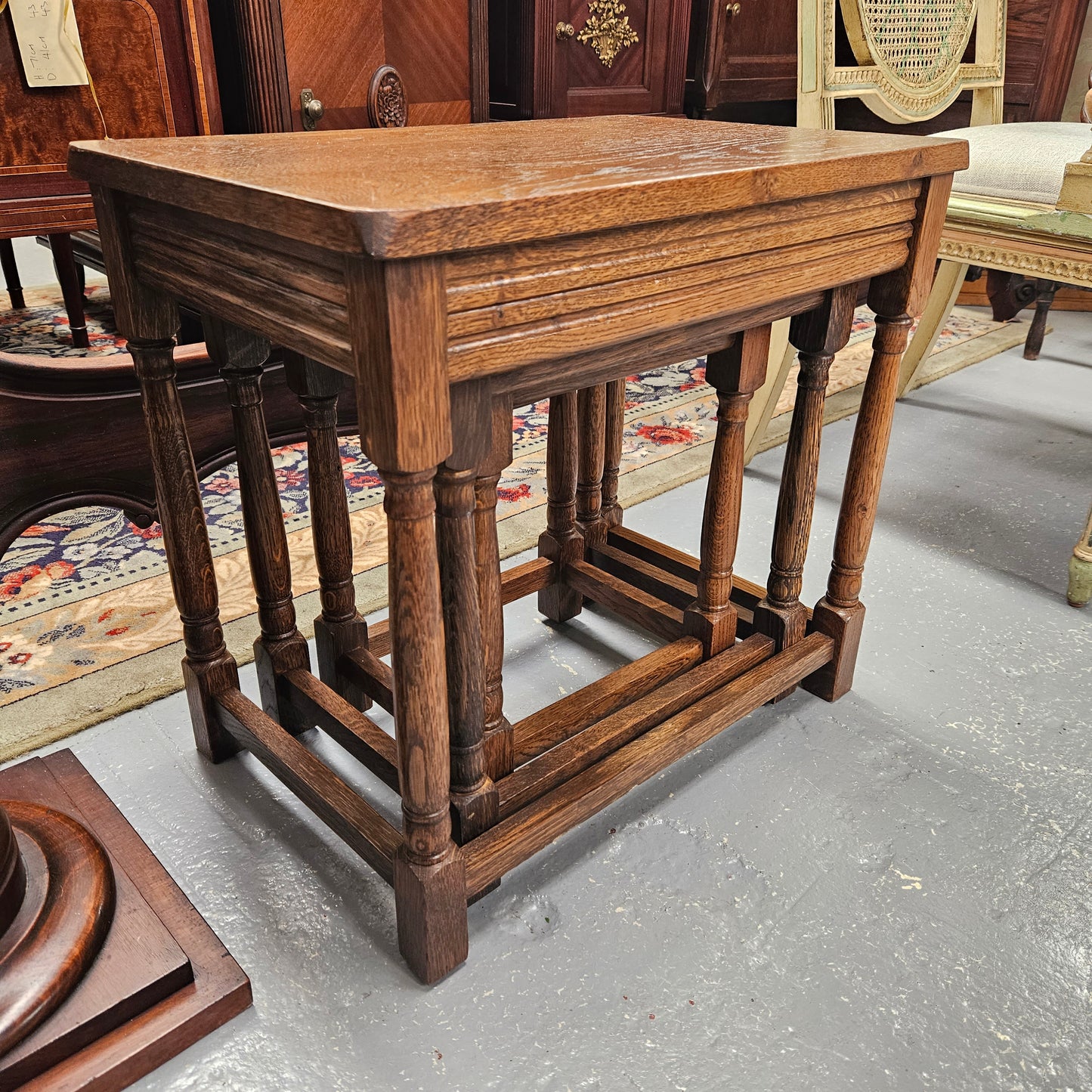 Lovely set of three French Oak nest of tables. They are all in good original condition. Please see photos as they form part of the description.
