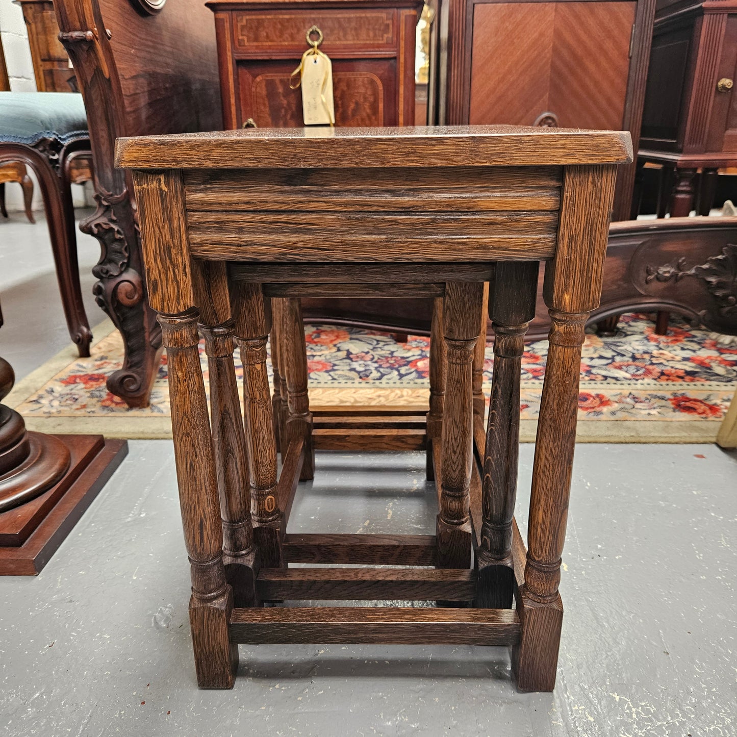 Lovely set of three French Oak nest of tables. They are all in good original condition. Please see photos as they form part of the description.