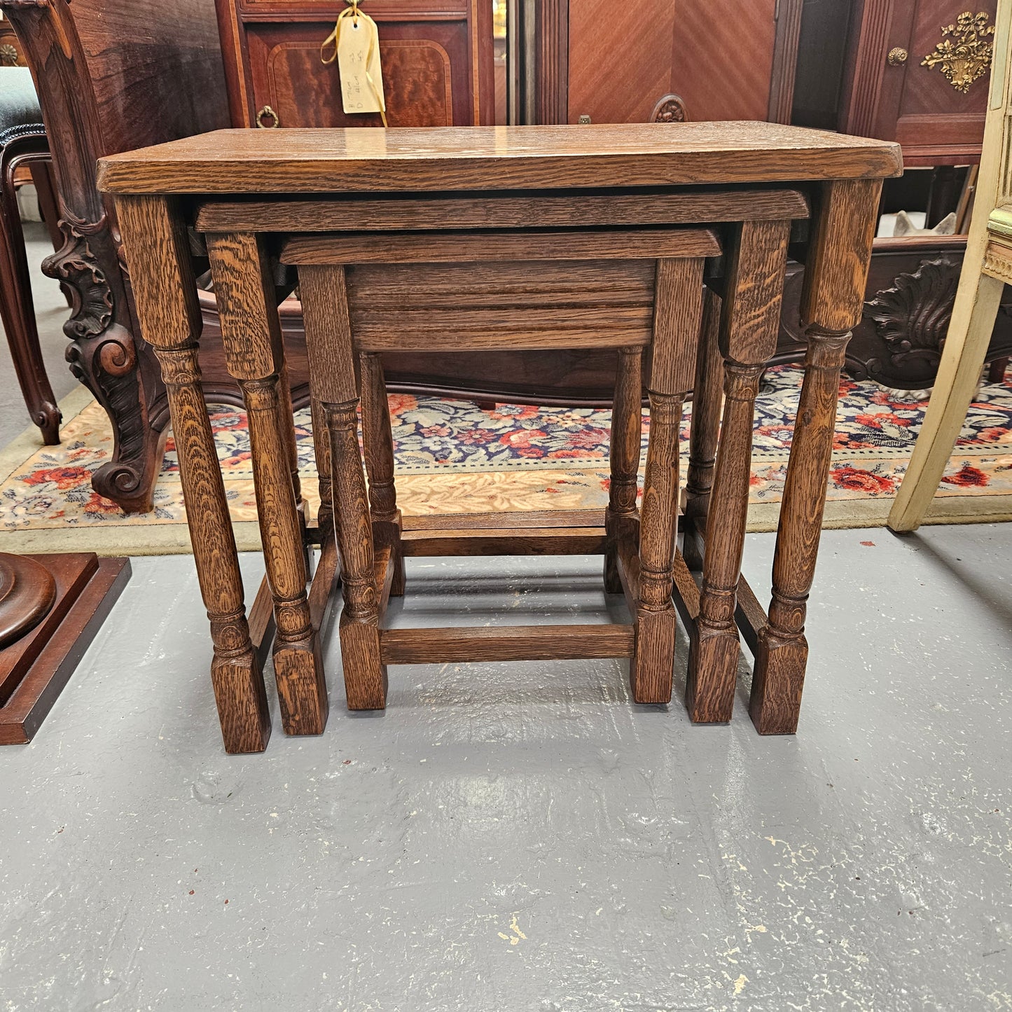 Lovely set of three French Oak nest of tables. They are all in good original condition. Please see photos as they form part of the description.