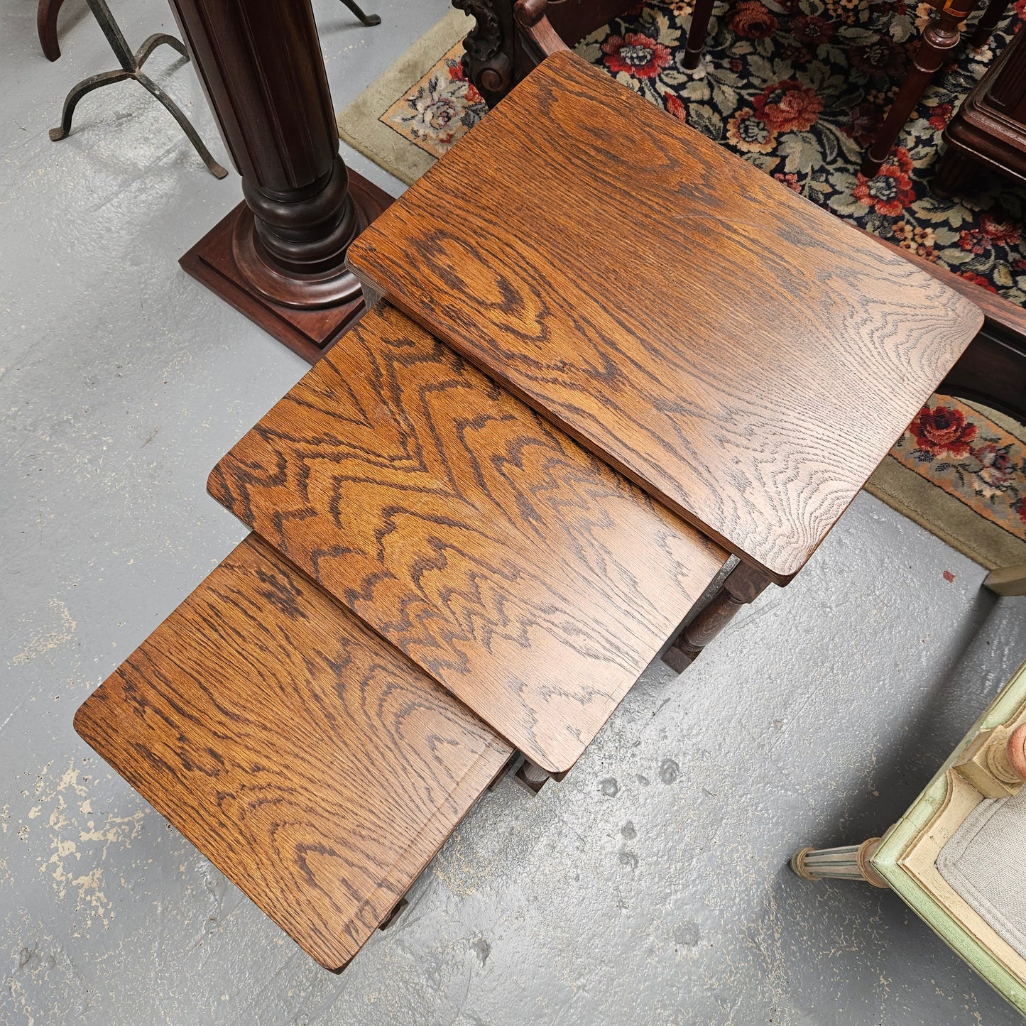 Lovely set of three French Oak nest of tables. They are all in good original condition. Please see photos as they form part of the description.