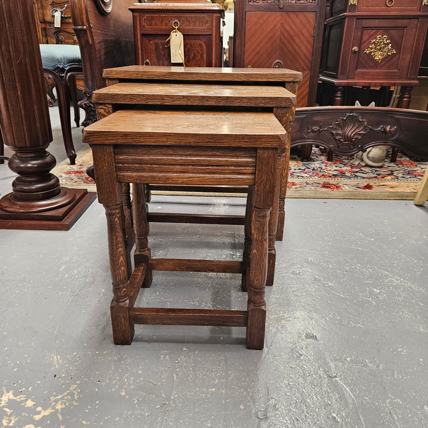 Lovely set of three French Oak nest of tables. They are all in good original condition. Please see photos as they form part of the description.