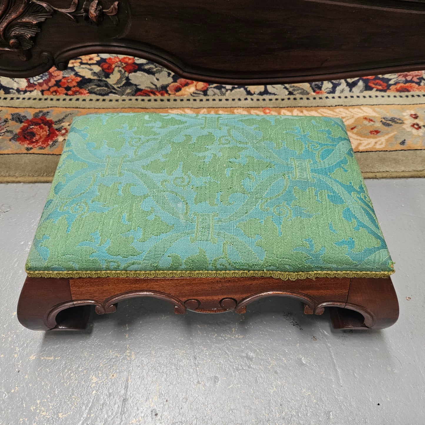 Lovely Victorian Green Upholstered Small Footstool