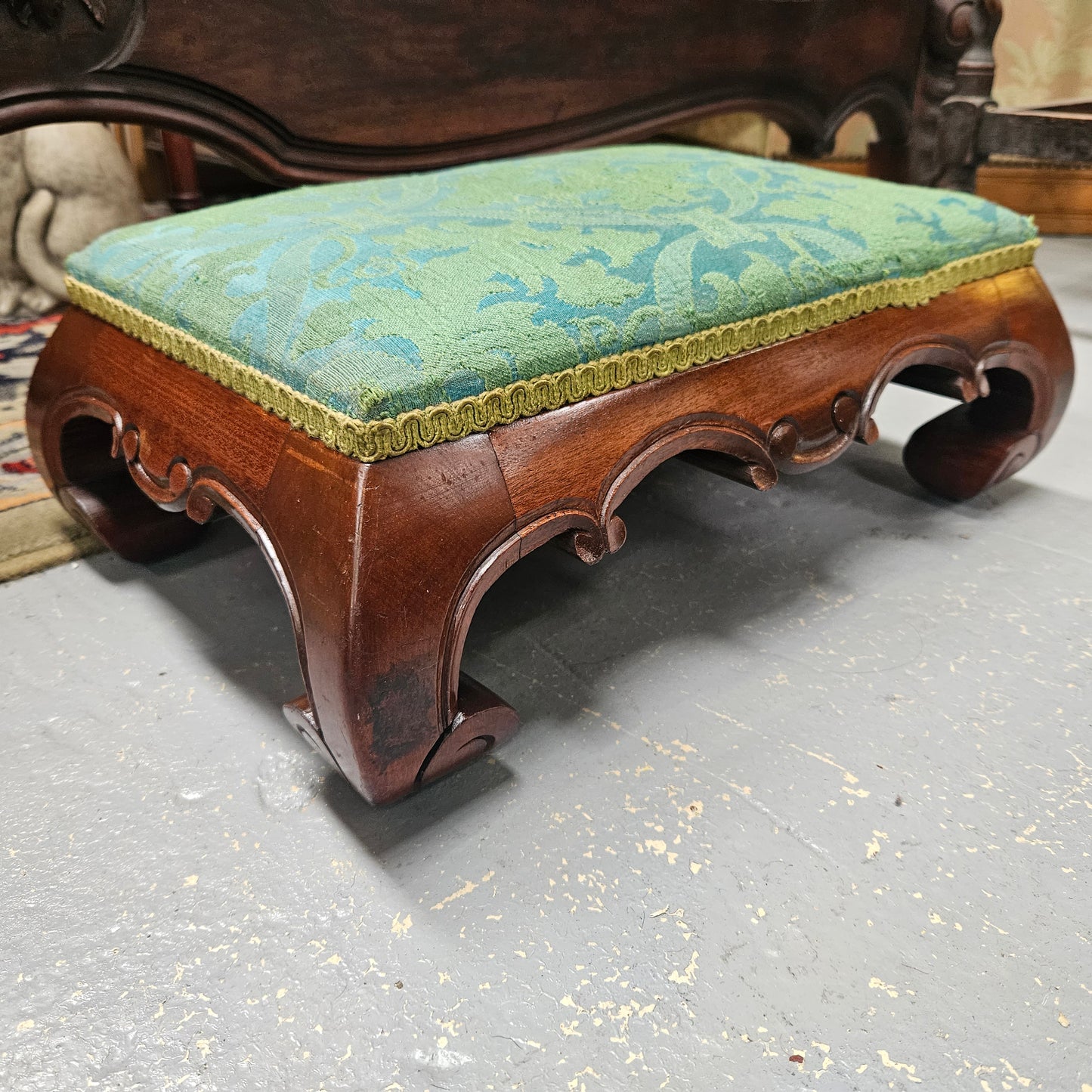 Lovely Victorian Green Upholstered Small Footstool