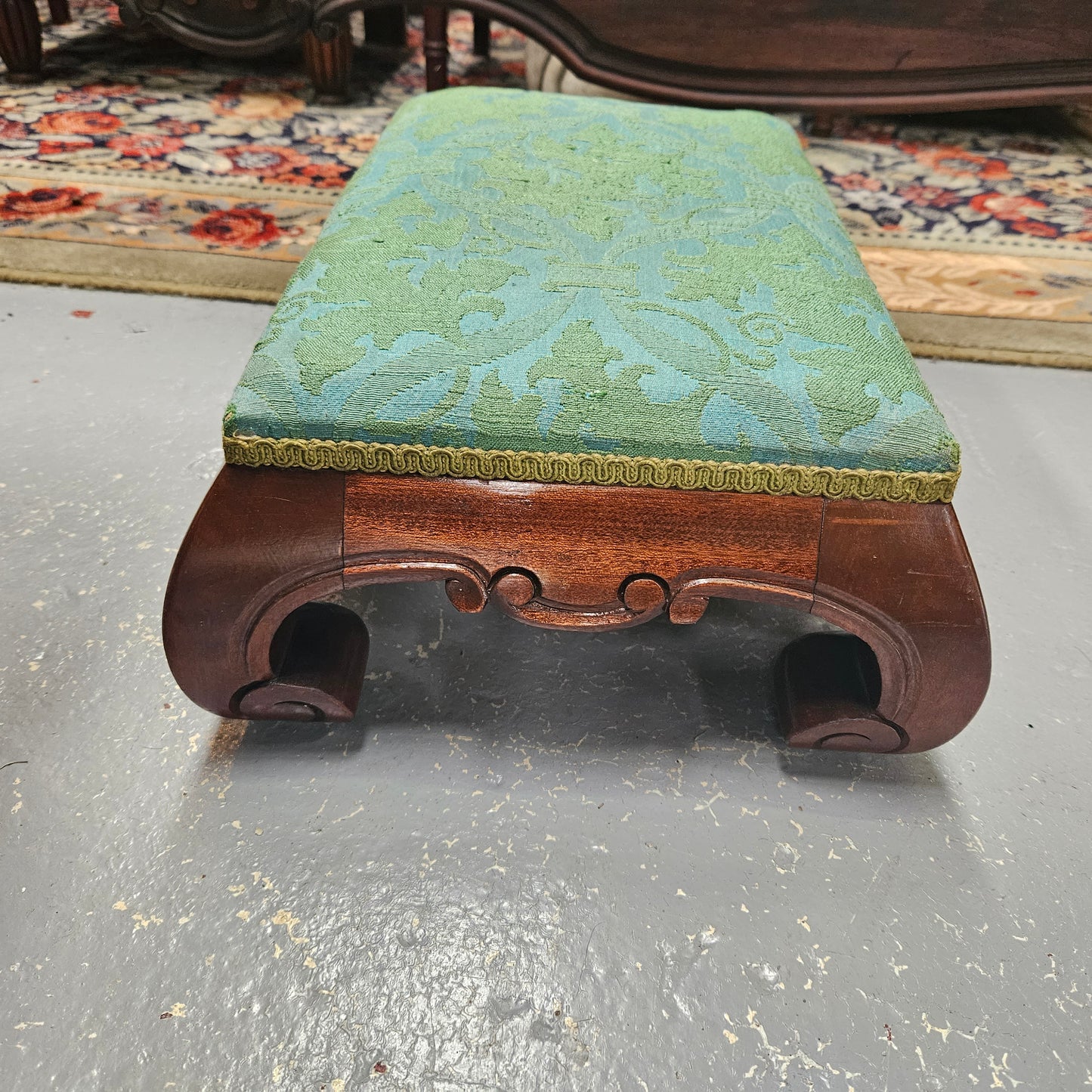 Lovely Victorian Green Upholstered Small Footstool