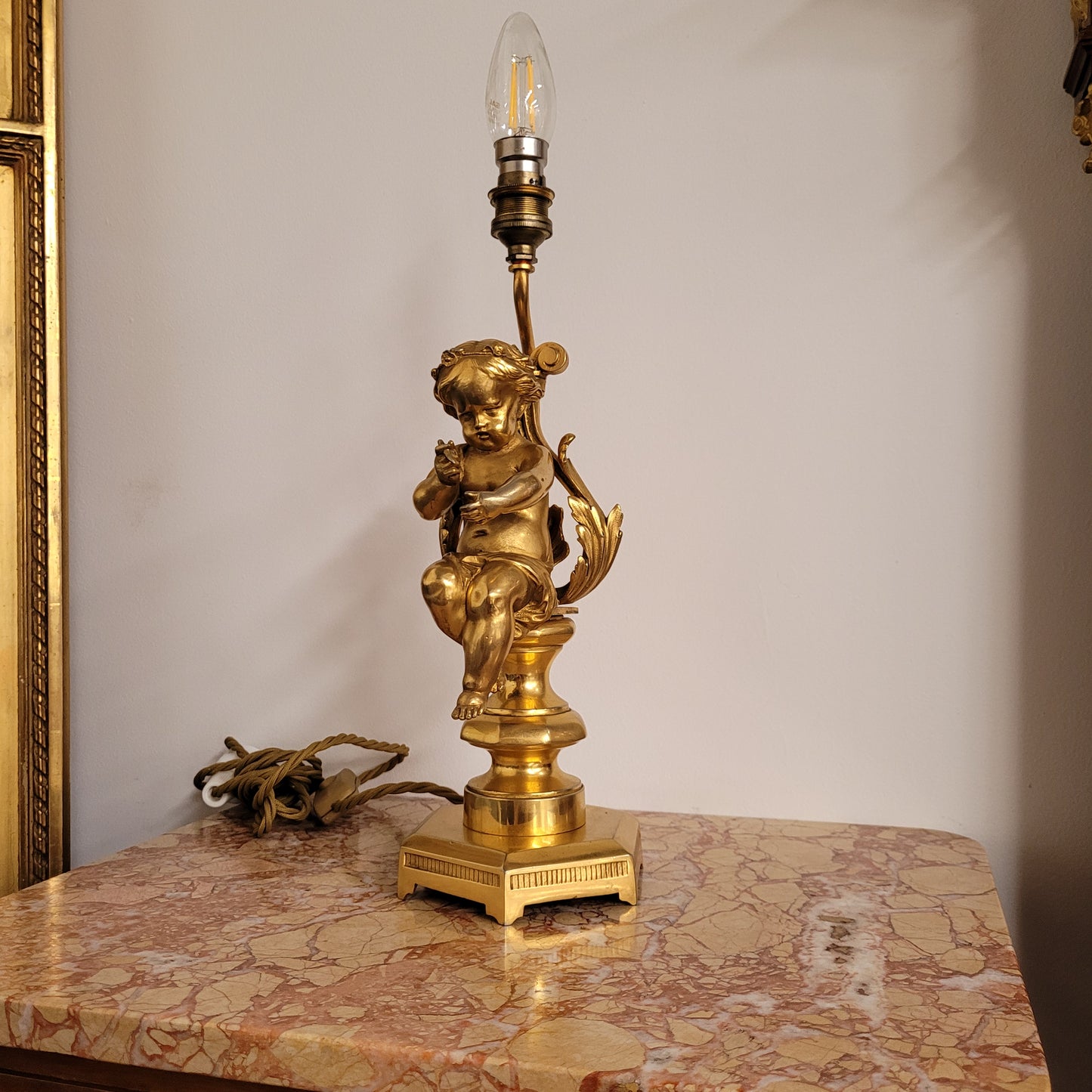 Gorgeous French Antique Gilt Bronze Cupid Lamp