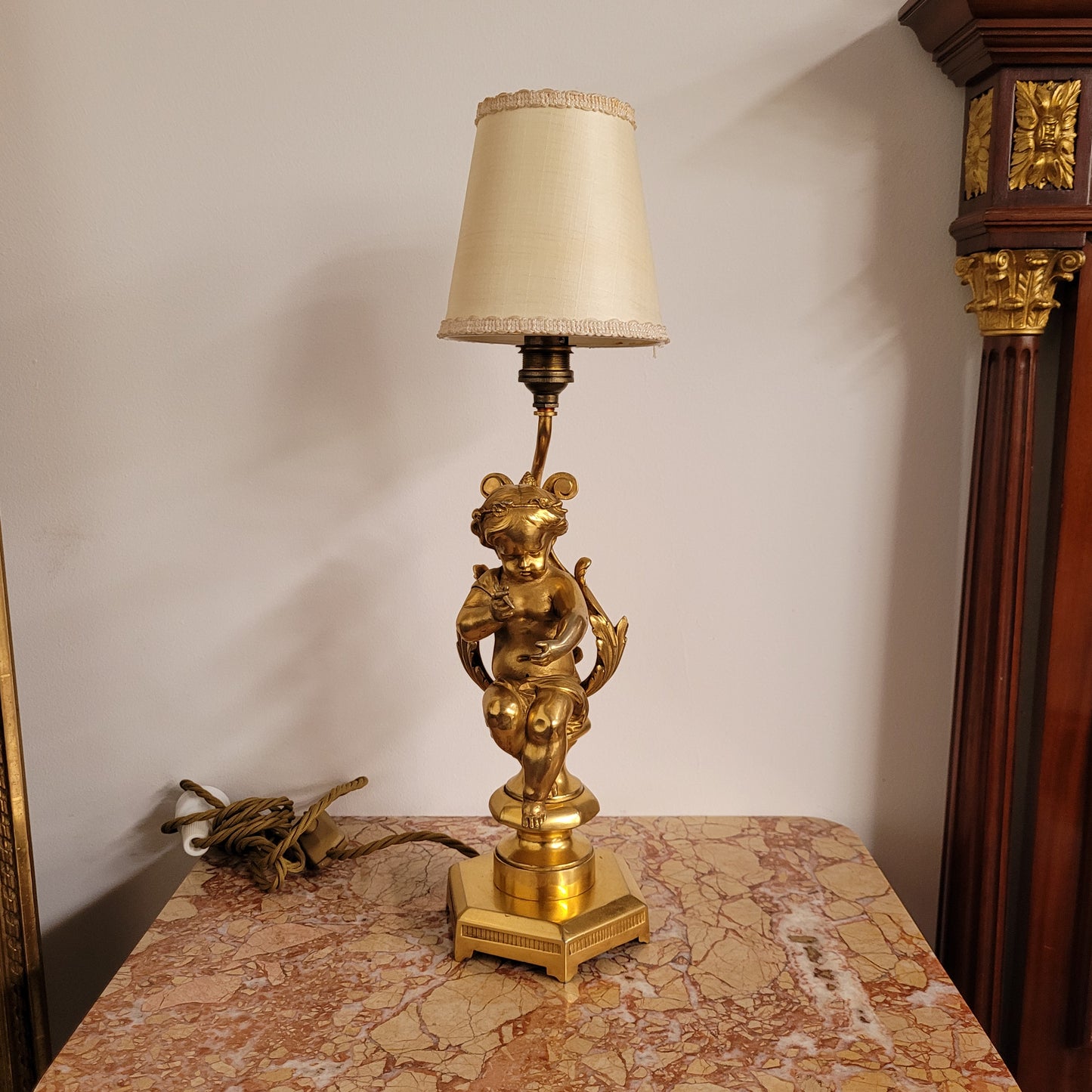 Gorgeous French Antique Gilt Bronze Cupid Lamp