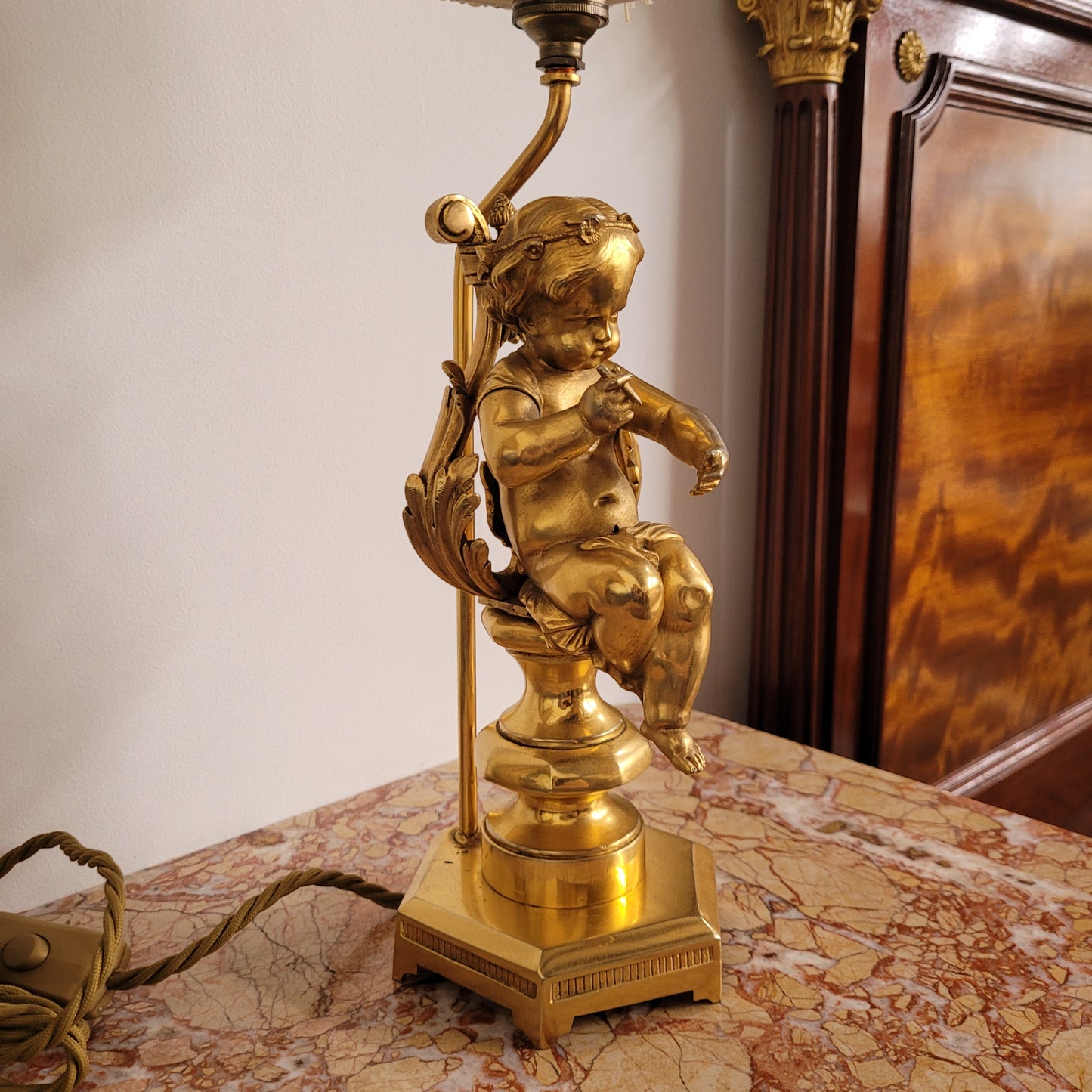 Gorgeous French Antique Gilt Bronze Cupid Lamp