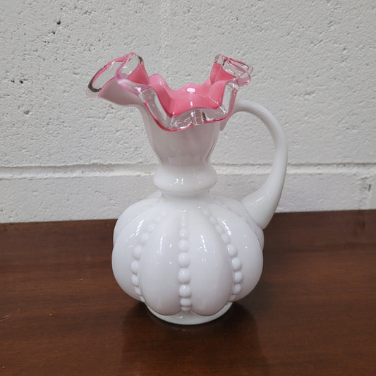 Fenton Silver Crest Pink Cased Milk Glass Melon Pitcher Vase.