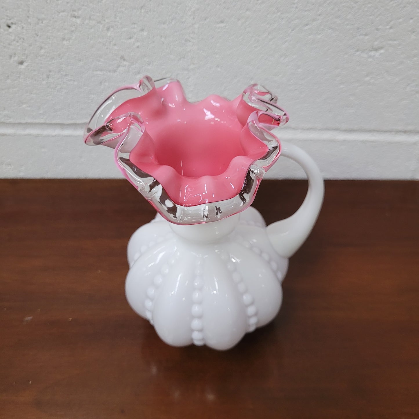 Fenton Silver Crest Pink Cased Milk Glass Melon Pitcher Vase.