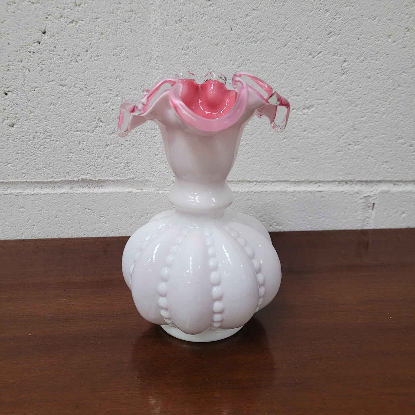Fenton Silver Crest Pink Cased Milk Glass Melon Pitcher Vase.