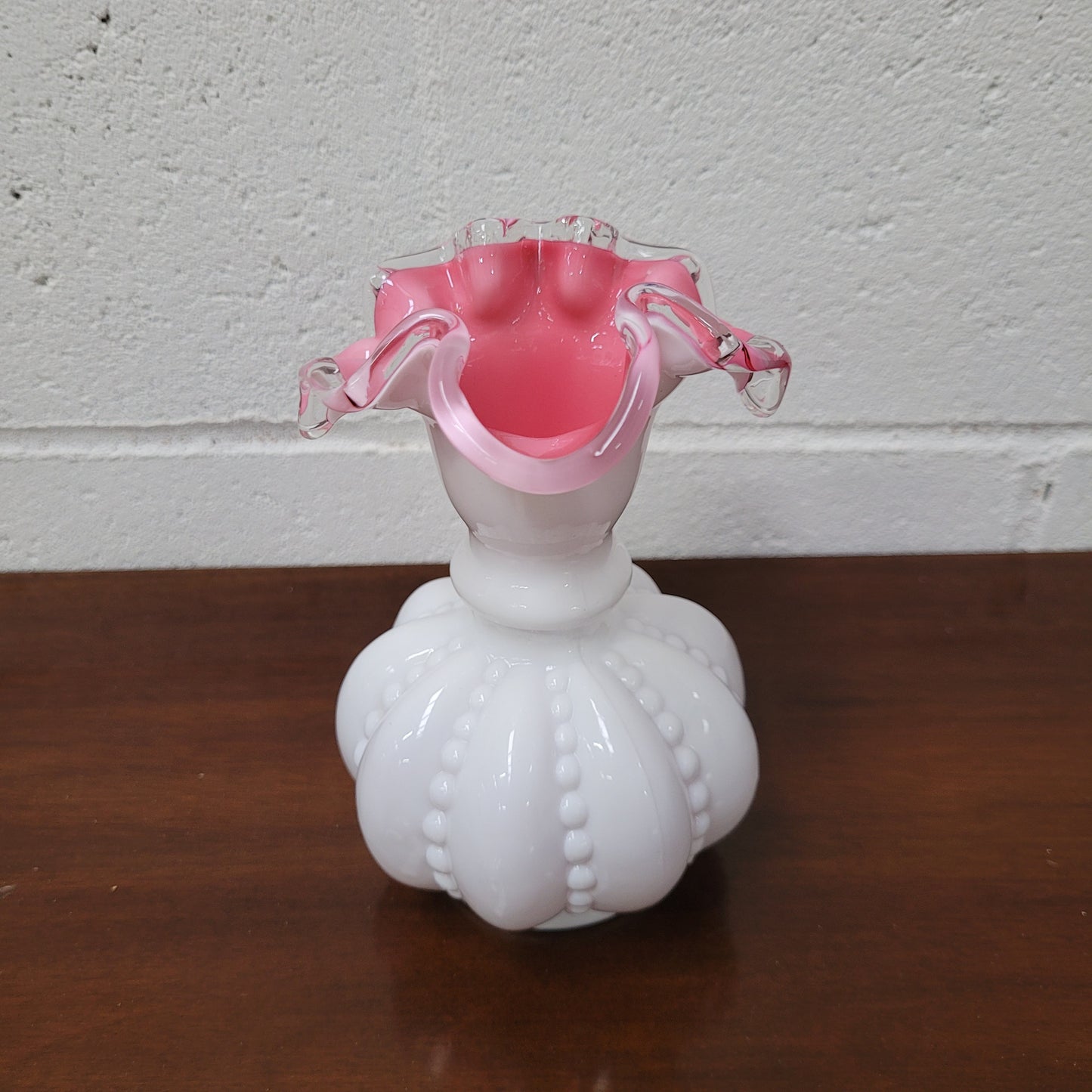 Fenton Silver Crest Pink Cased Milk Glass Melon Pitcher Vase.