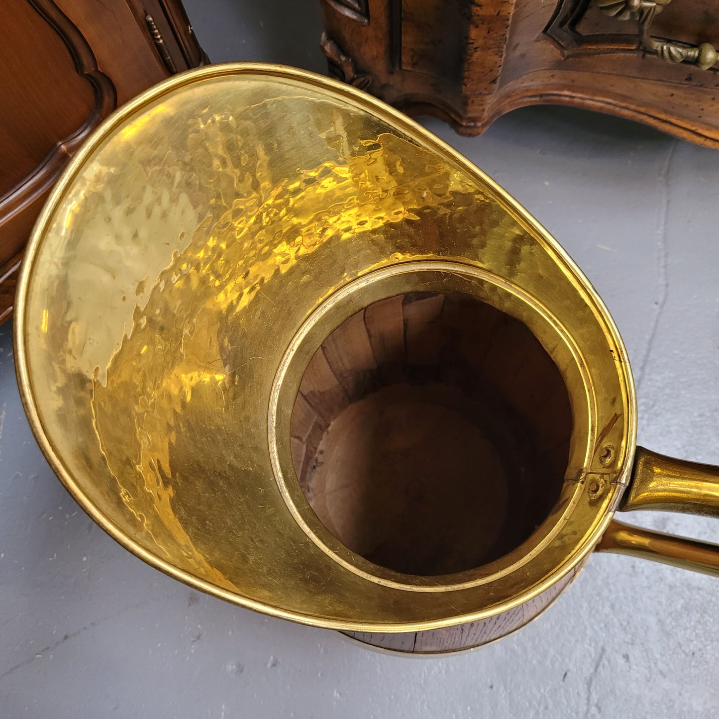 Stunning French Oak and brass jug which could be used as an umbrella stand. It has been sourced from France and is in good original detailed condition. Circa 1950's.