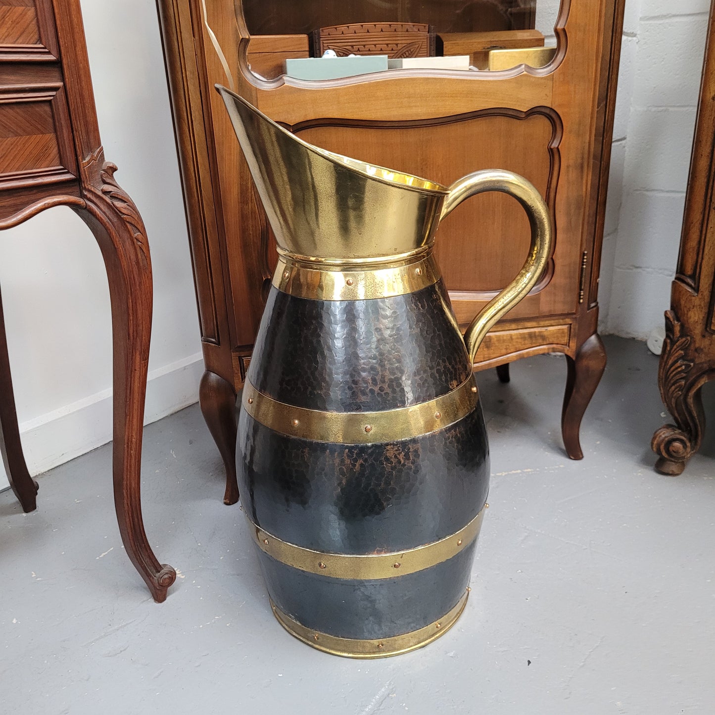 Large Antique copper and brass jug that could be used as an umbrella stand. Sourced from France and is in good original detailed condition.