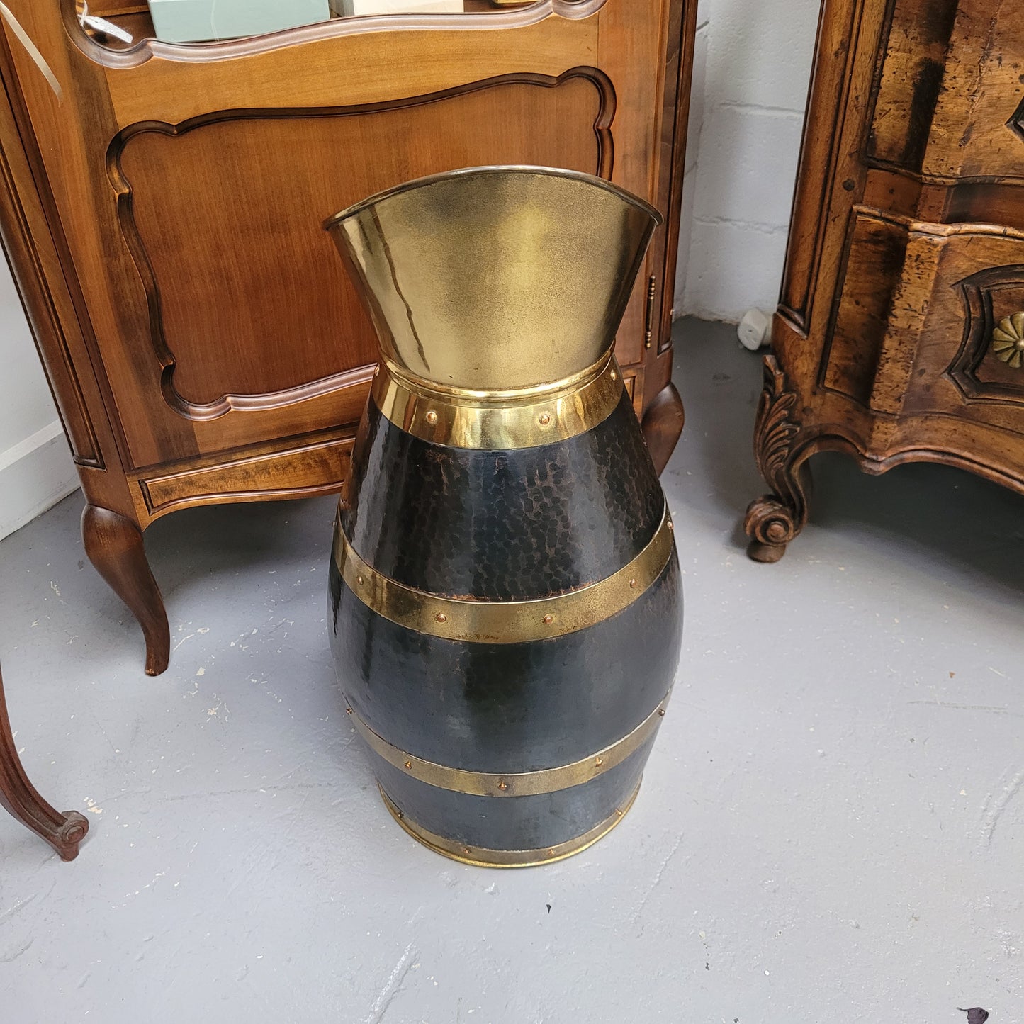 Large Antique copper and brass jug that could be used as an umbrella stand. Sourced from France and is in good original detailed condition.