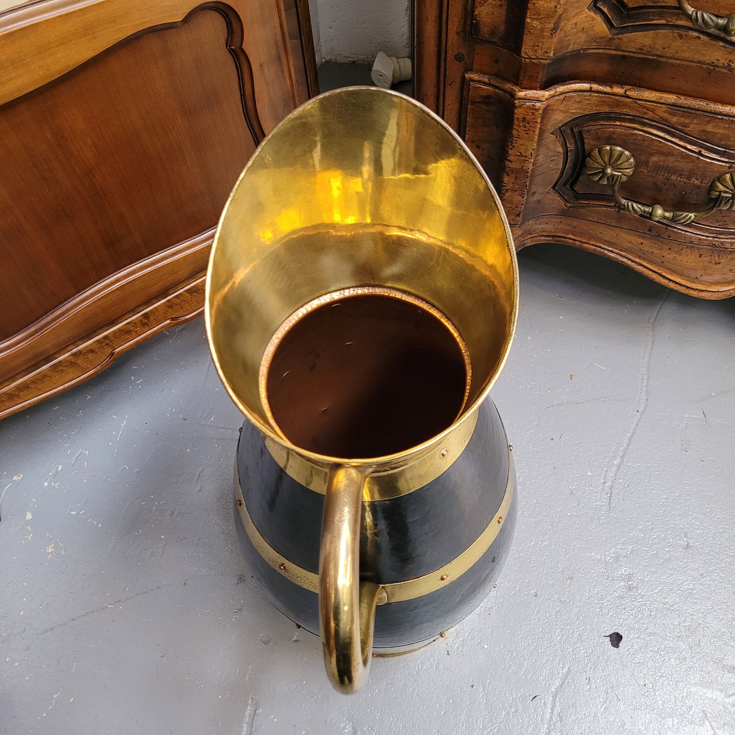 Large Antique copper and brass jug that could be used as an umbrella stand. Sourced from France and is in good original detailed condition.