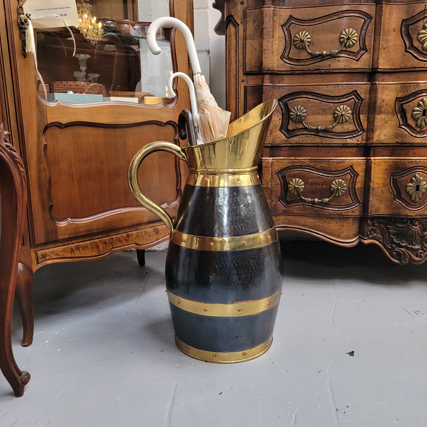Large Antique copper and brass jug that could be used as an umbrella stand. Sourced from France and is in good original detailed condition.