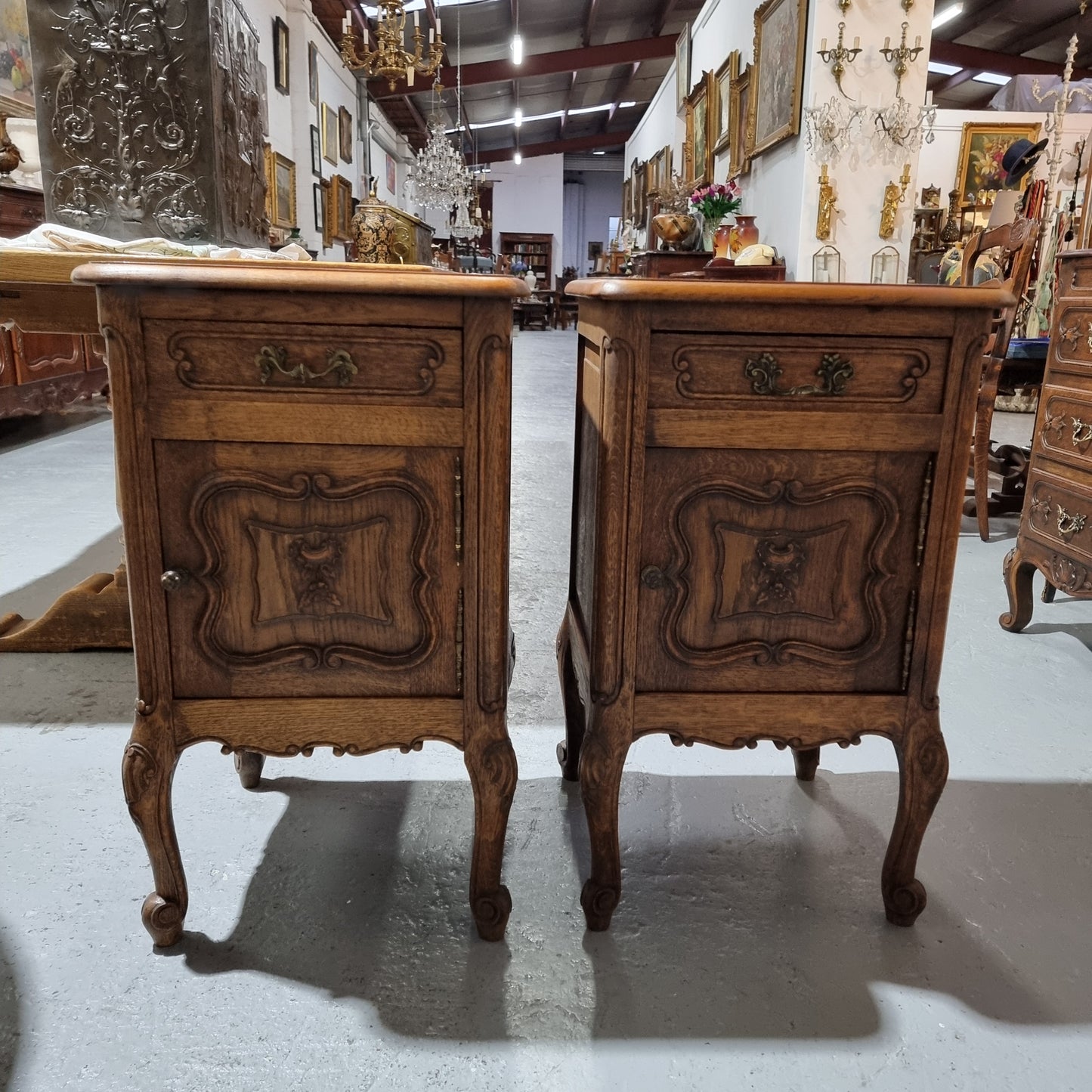 Hard to Find Pair of Antique French Louis XV Style Wooden Top Bedsides
