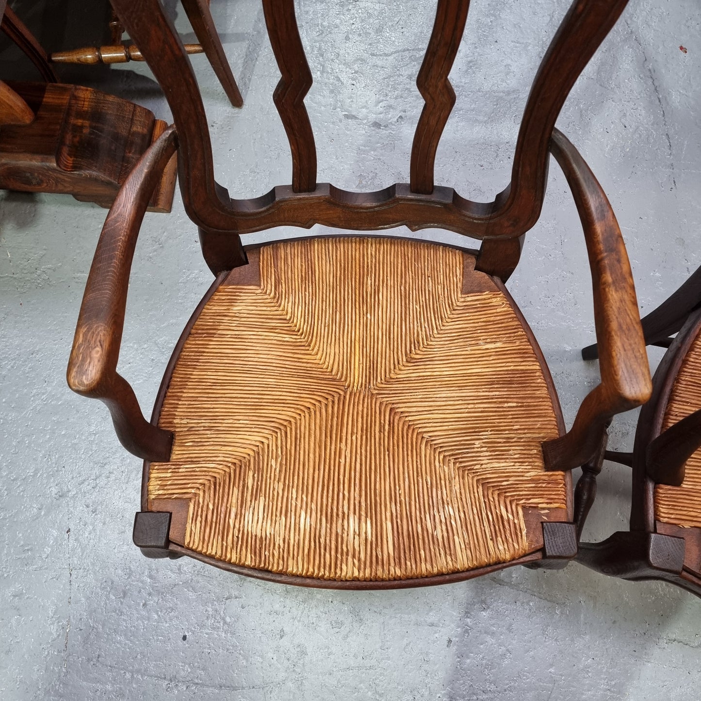 Pair Louis XV Style French Oak Rush Seated Carver Chairs